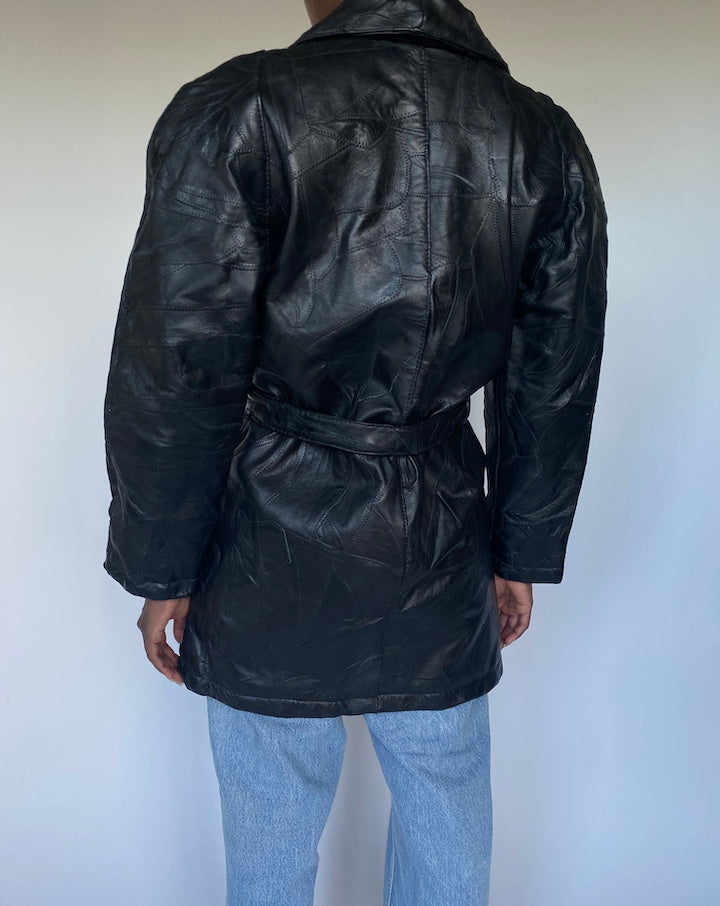 VINTAGE TEXTURED BLACK LEATHER TRENCH COAT JACKET 3498