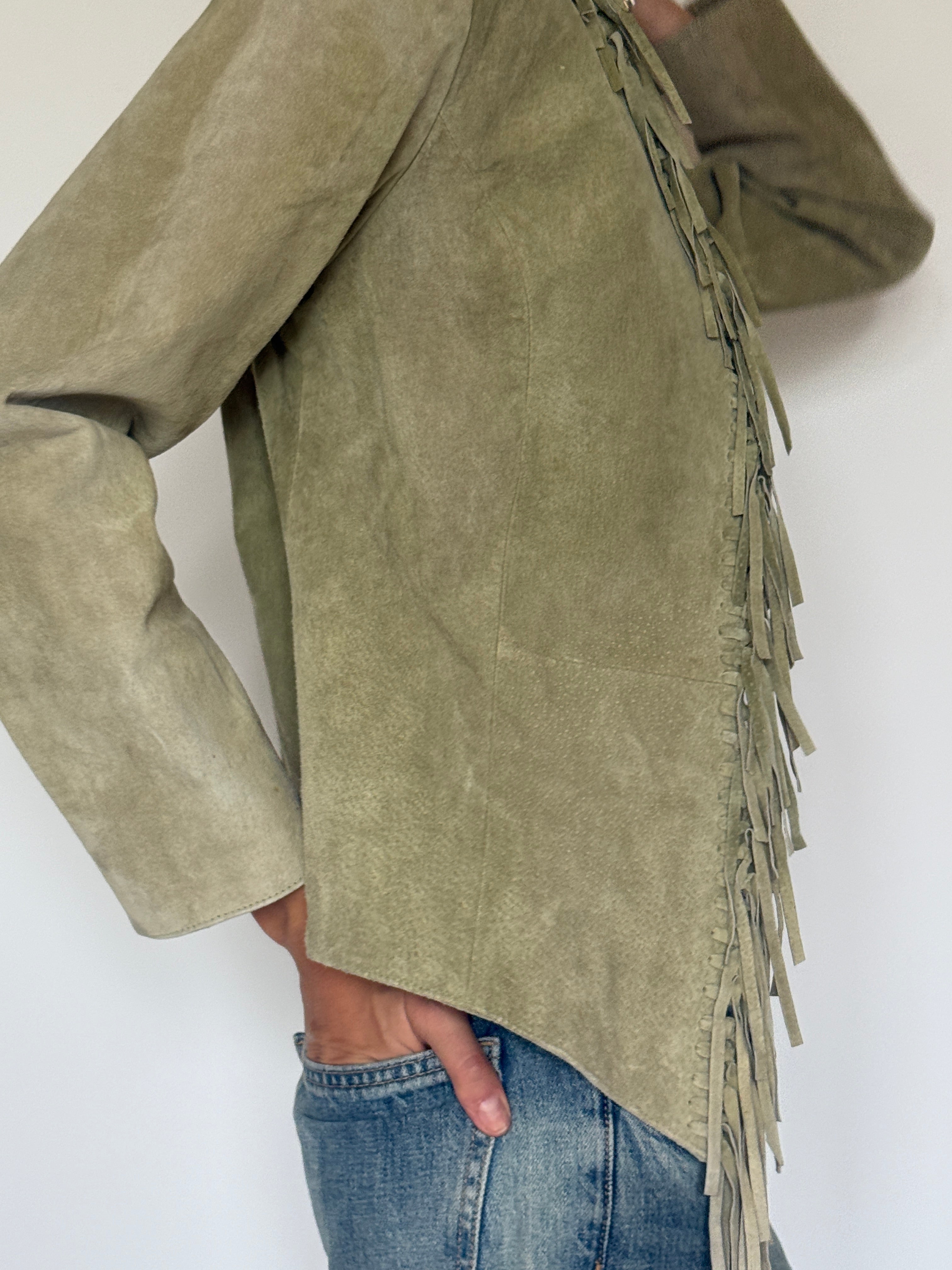 Vintage muted sage green fringe suede jacket side view