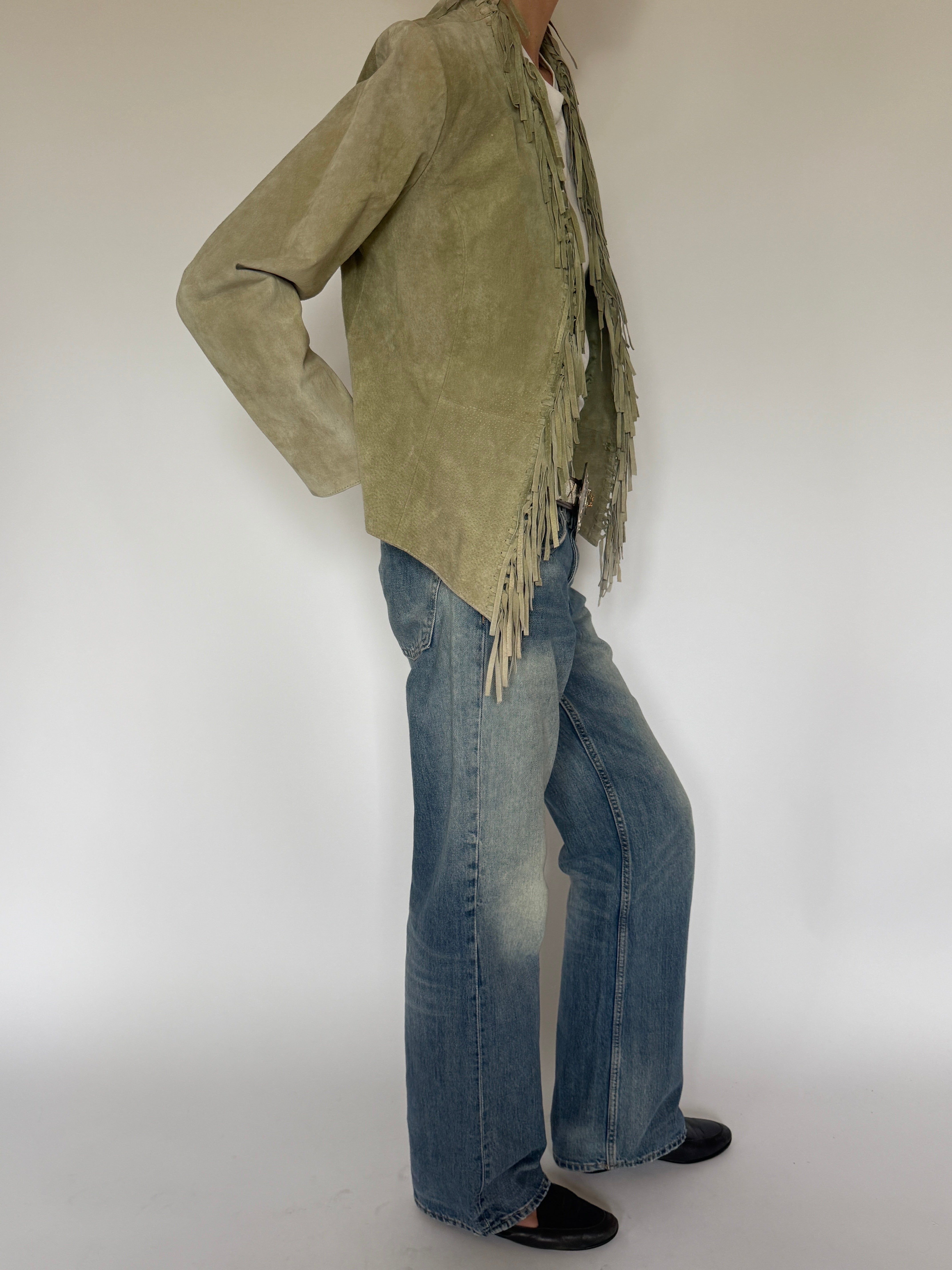 Vintage muted sage green fringe suede jacket side view