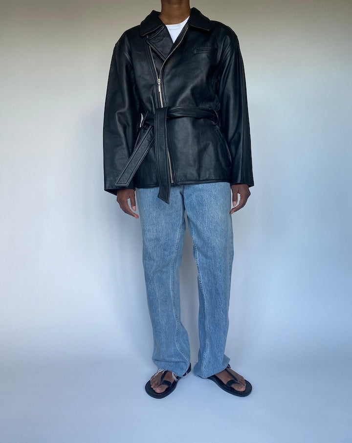 VINTAGE BLACK SHORT LEATHER TRENCH JACKET 3501