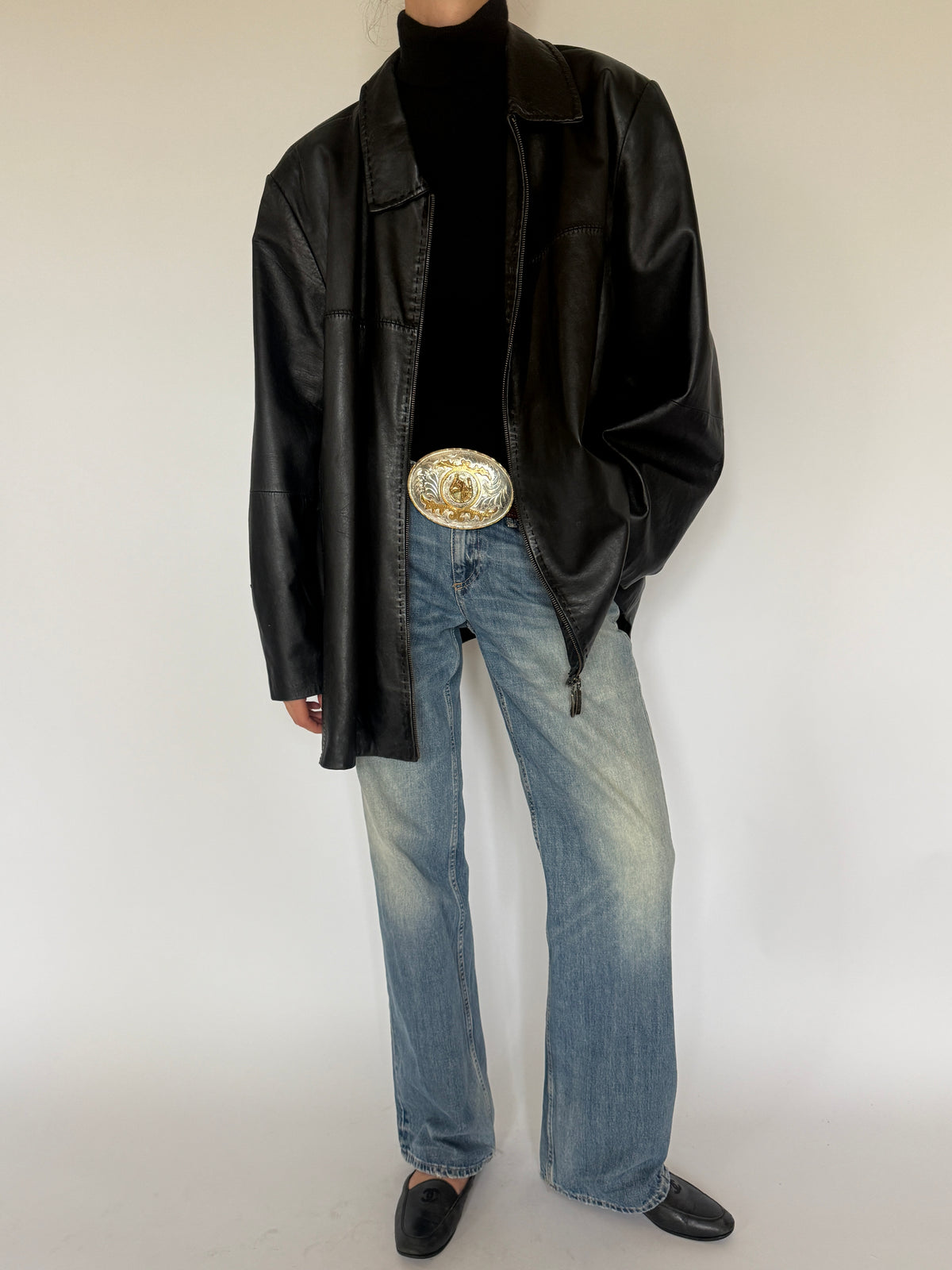 Vintage Oversized Leather Zip Jacket Black 7298