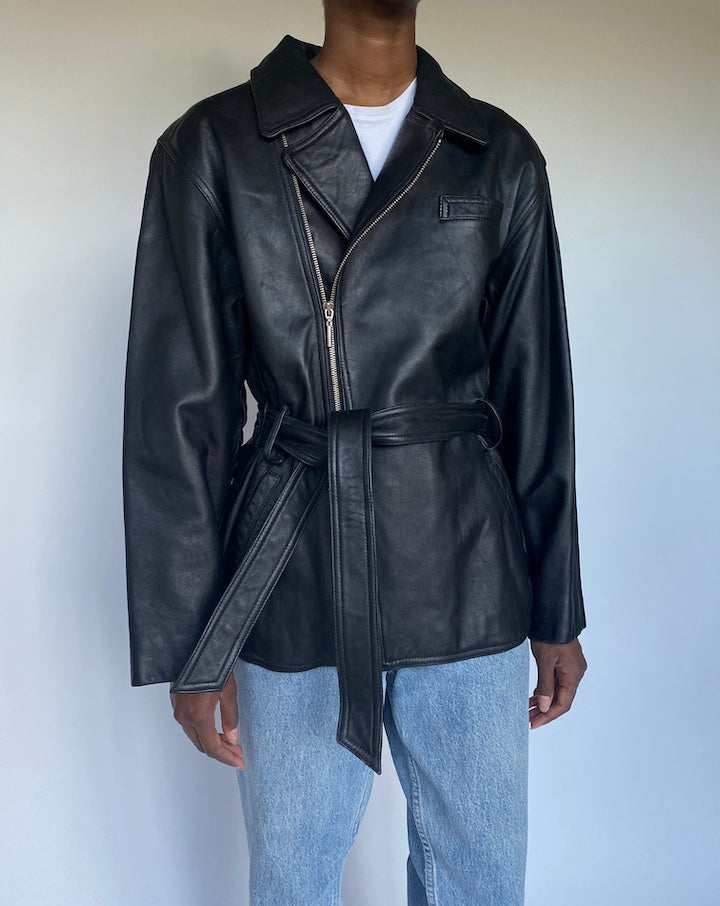 VINTAGE BLACK SHORT LEATHER TRENCH JACKET 3501