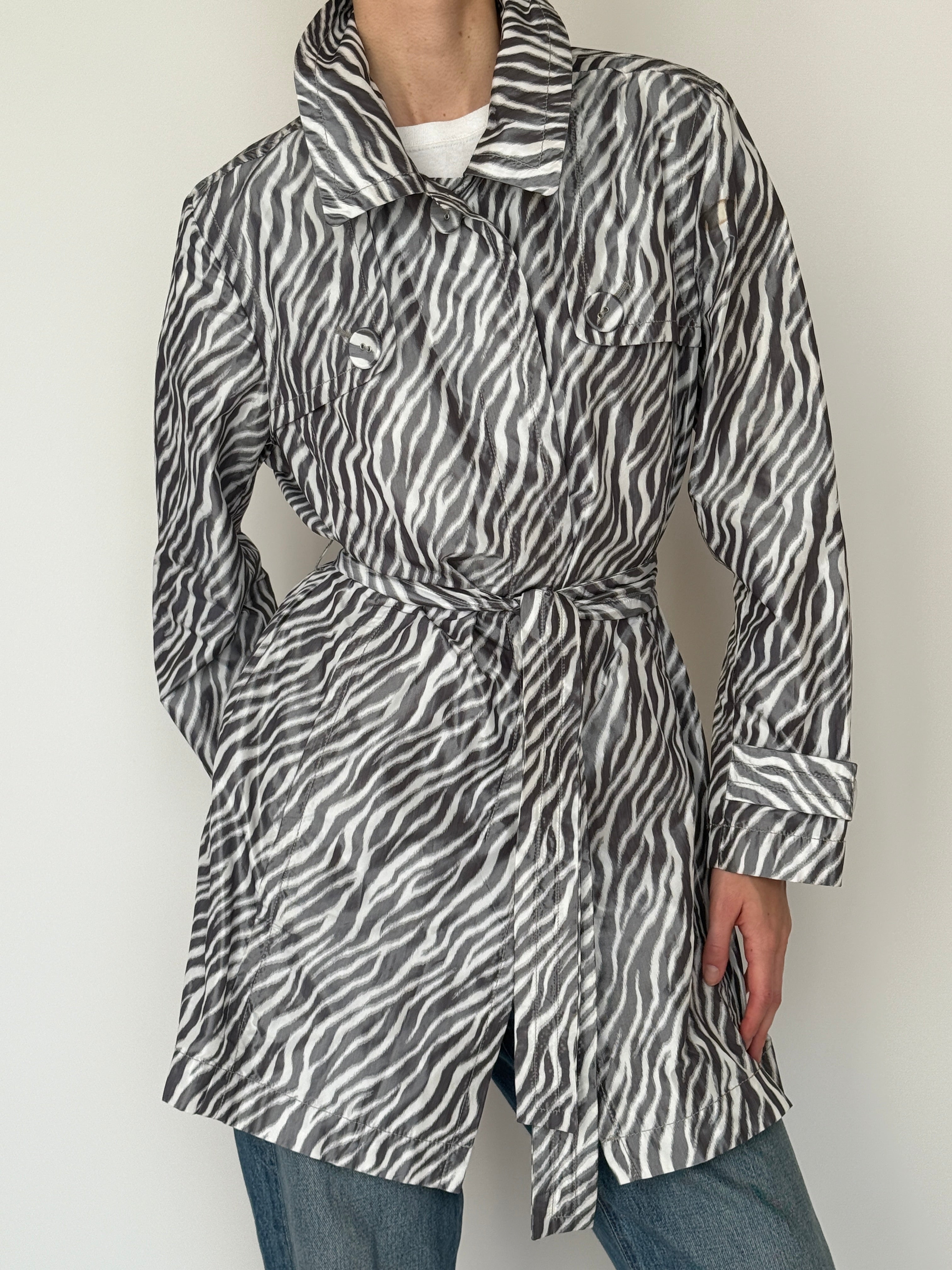 Vintage zebra print trench coat front view