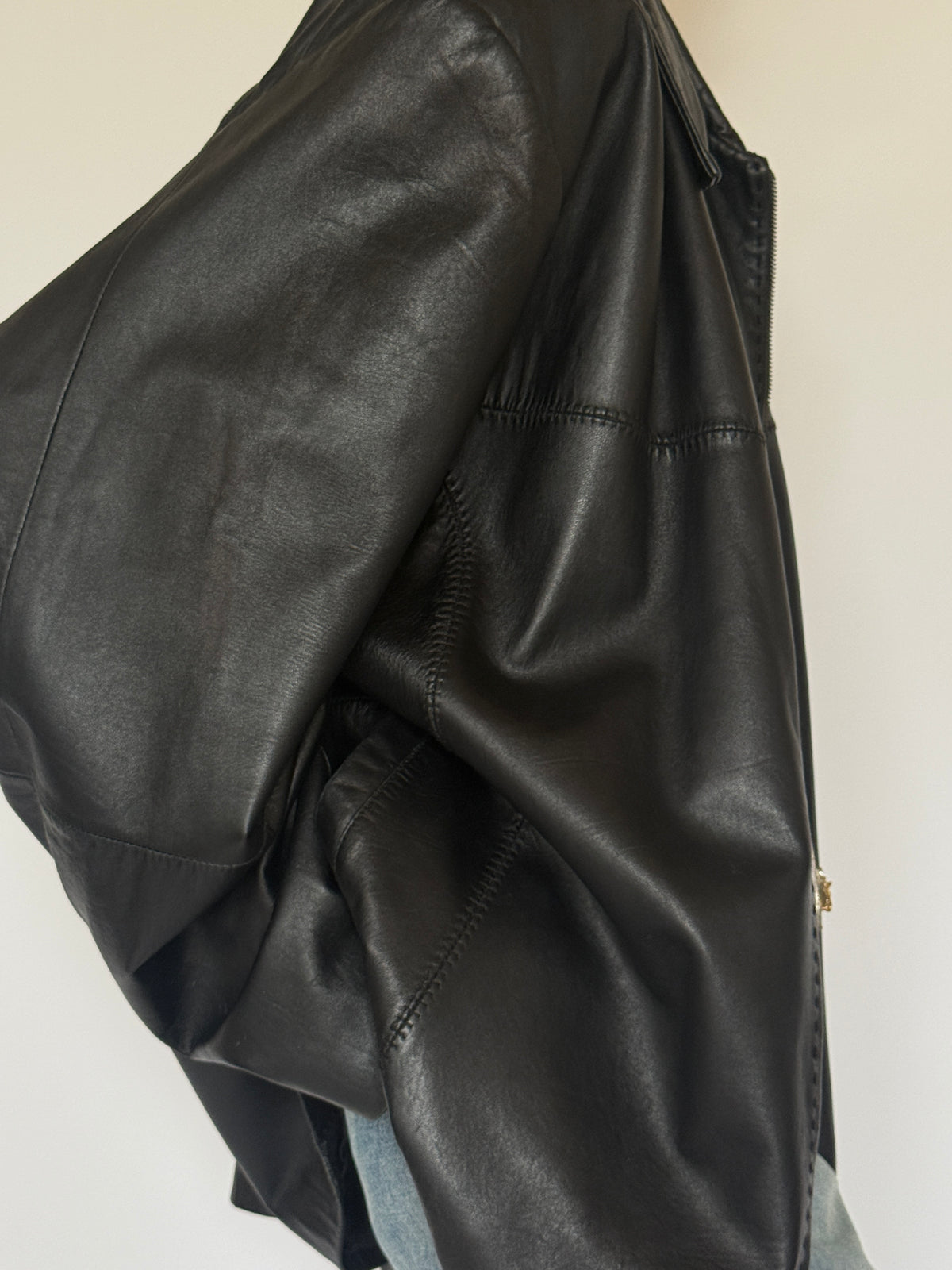 Vintage Oversized Leather Zip Jacket Black 7298