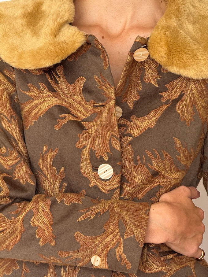 Vintage Jacquard Jacket with Faux Fur Collar 6544