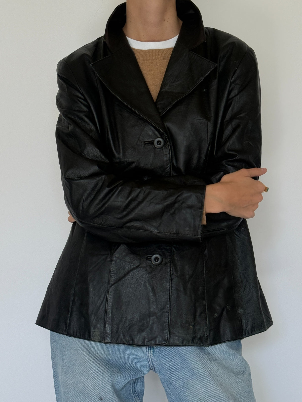 Vintage Black Leather Blazer Jacket 8428