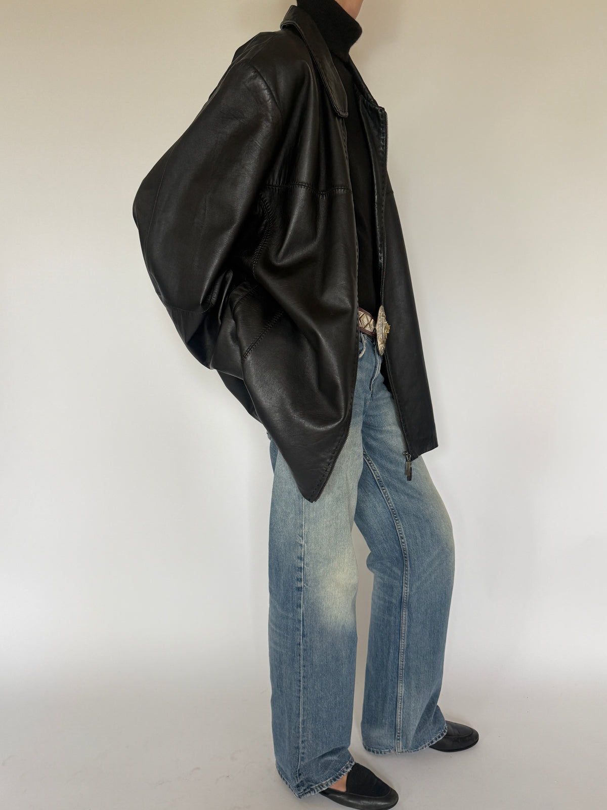 Vintage Oversized Leather Zip Jacket Black 7298