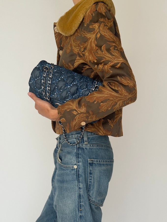 Vintage Jacquard Jacket with Faux Fur Collar 6544