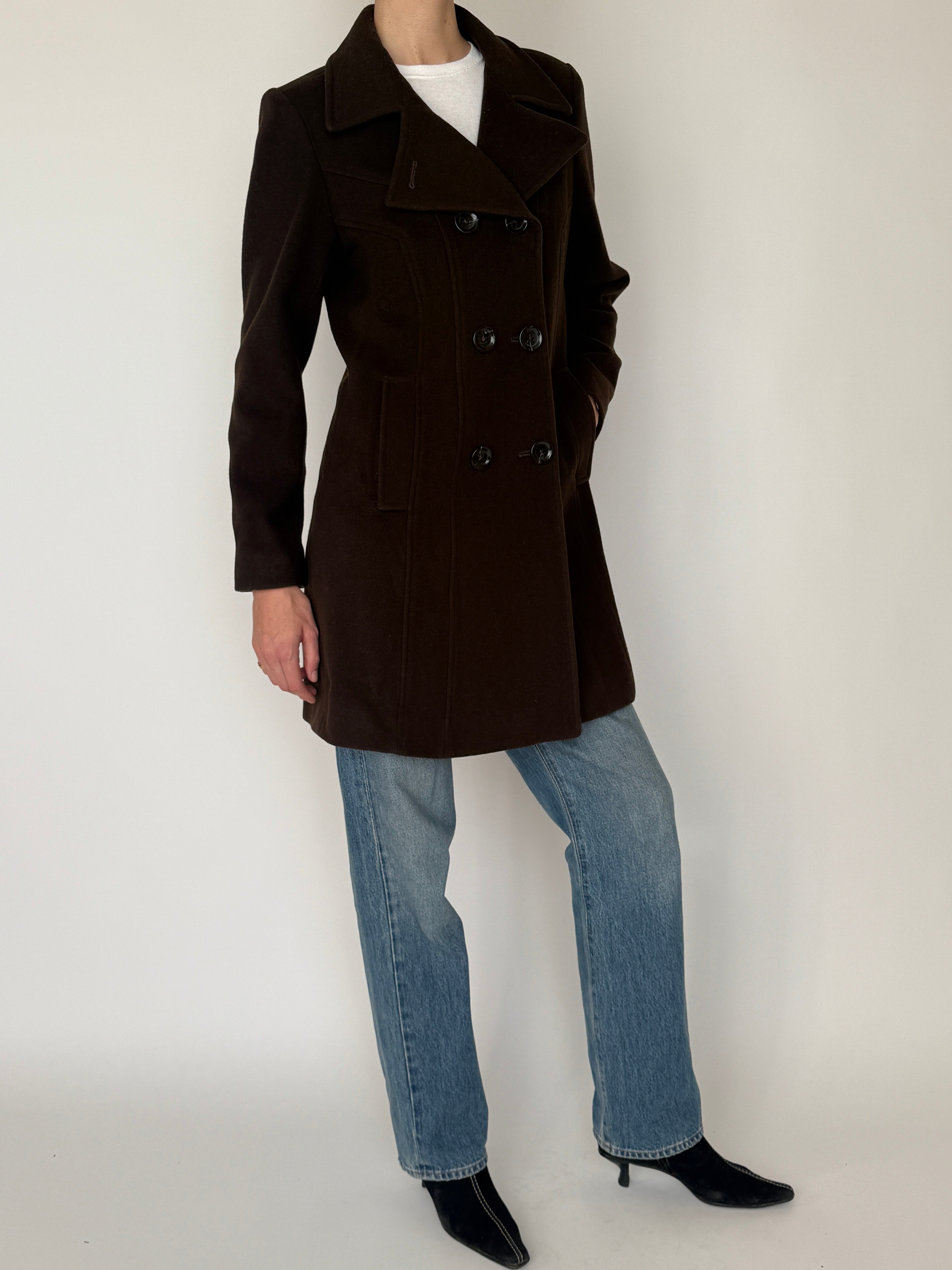 Vintage dark brown double-breasted wool coat front view