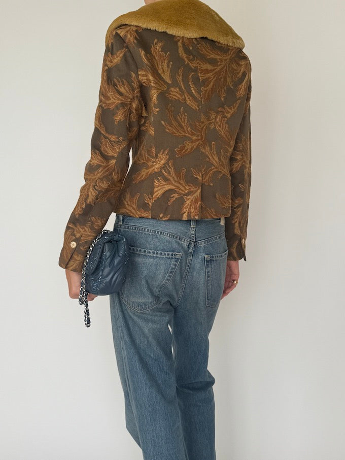 Vintage Jacquard Jacket with Faux Fur Collar 6544