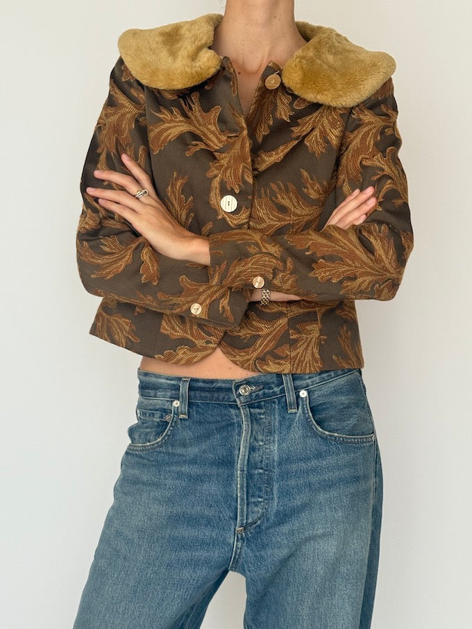 Vintage Jacquard Jacket with Faux Fur Collar 6544