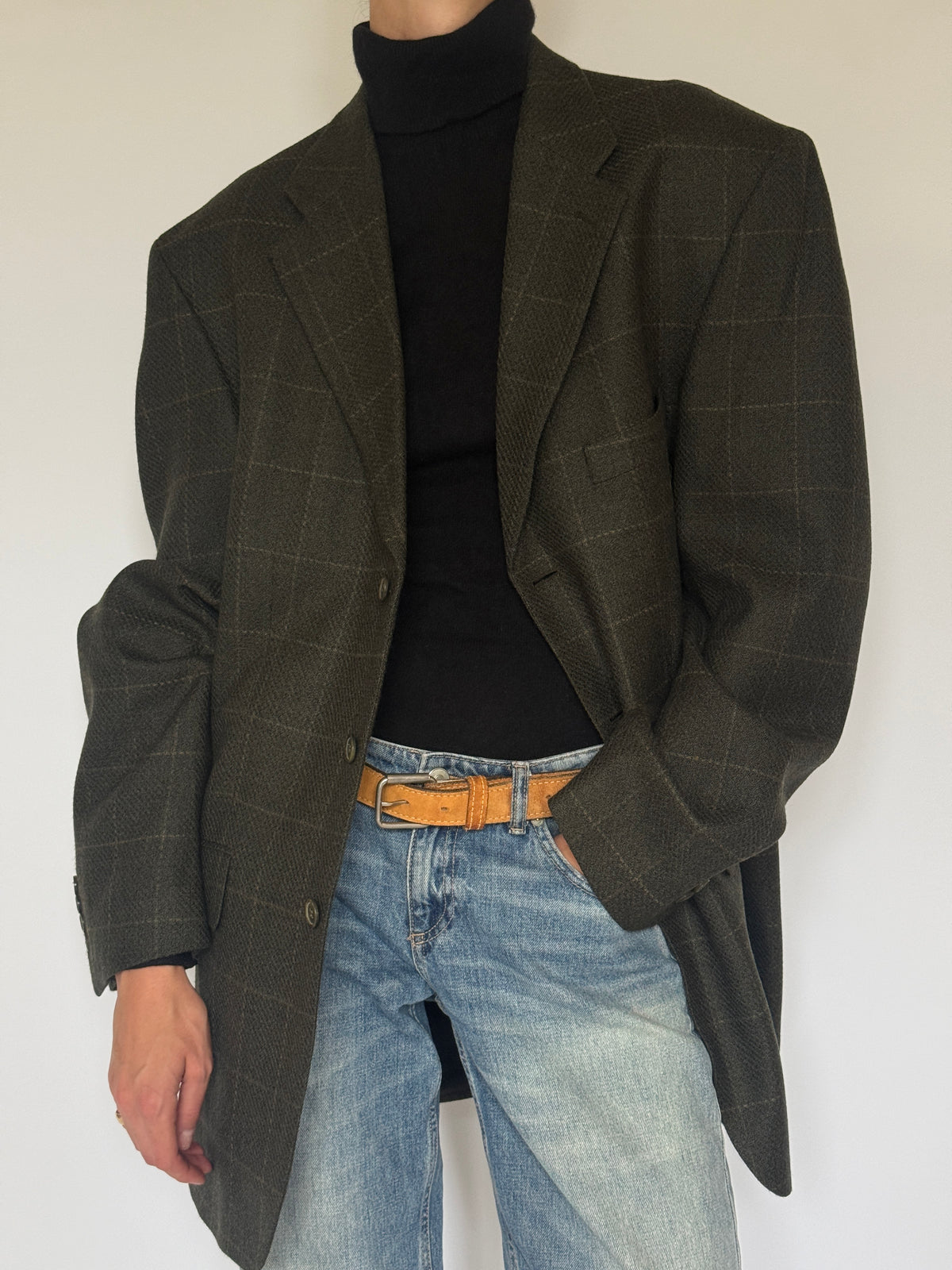Vintage Plaid Oversized Blazer Olive Brown 7403