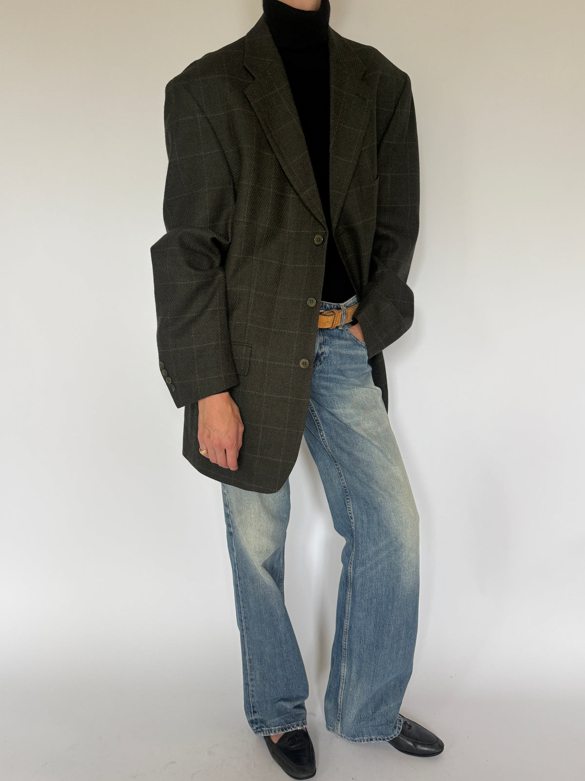 Vintage Plaid Oversized Blazer Olive Brown 7403