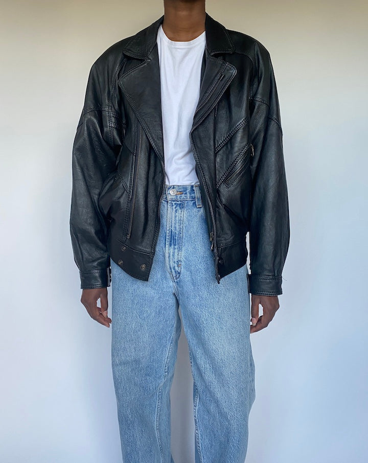 VINTAGE BOXY BLACK LEATHER JACKET 3503