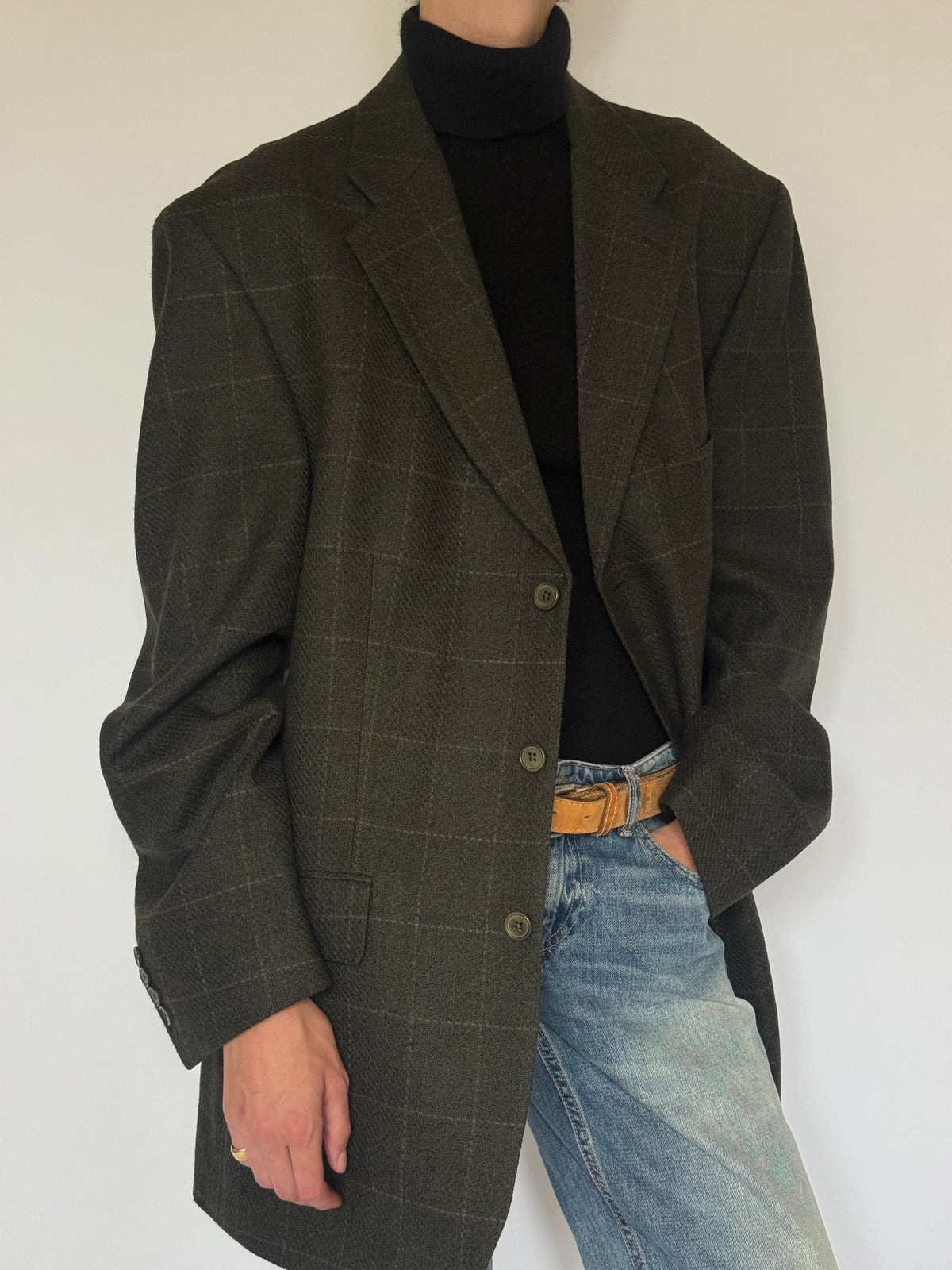 Vintage Plaid Oversized Blazer Olive Brown 7403