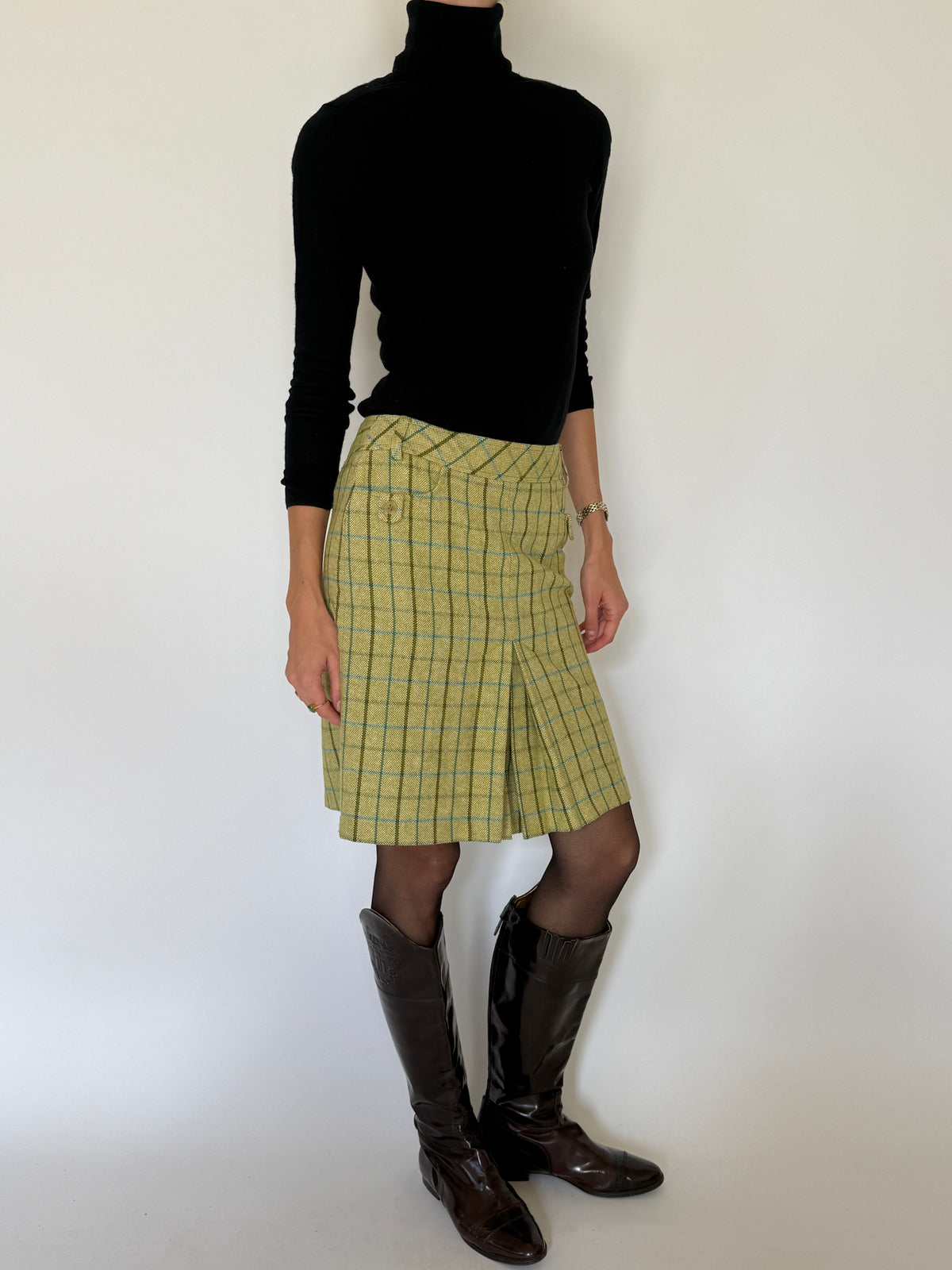 Vintage Green Plaid Pleated Skirt 8387