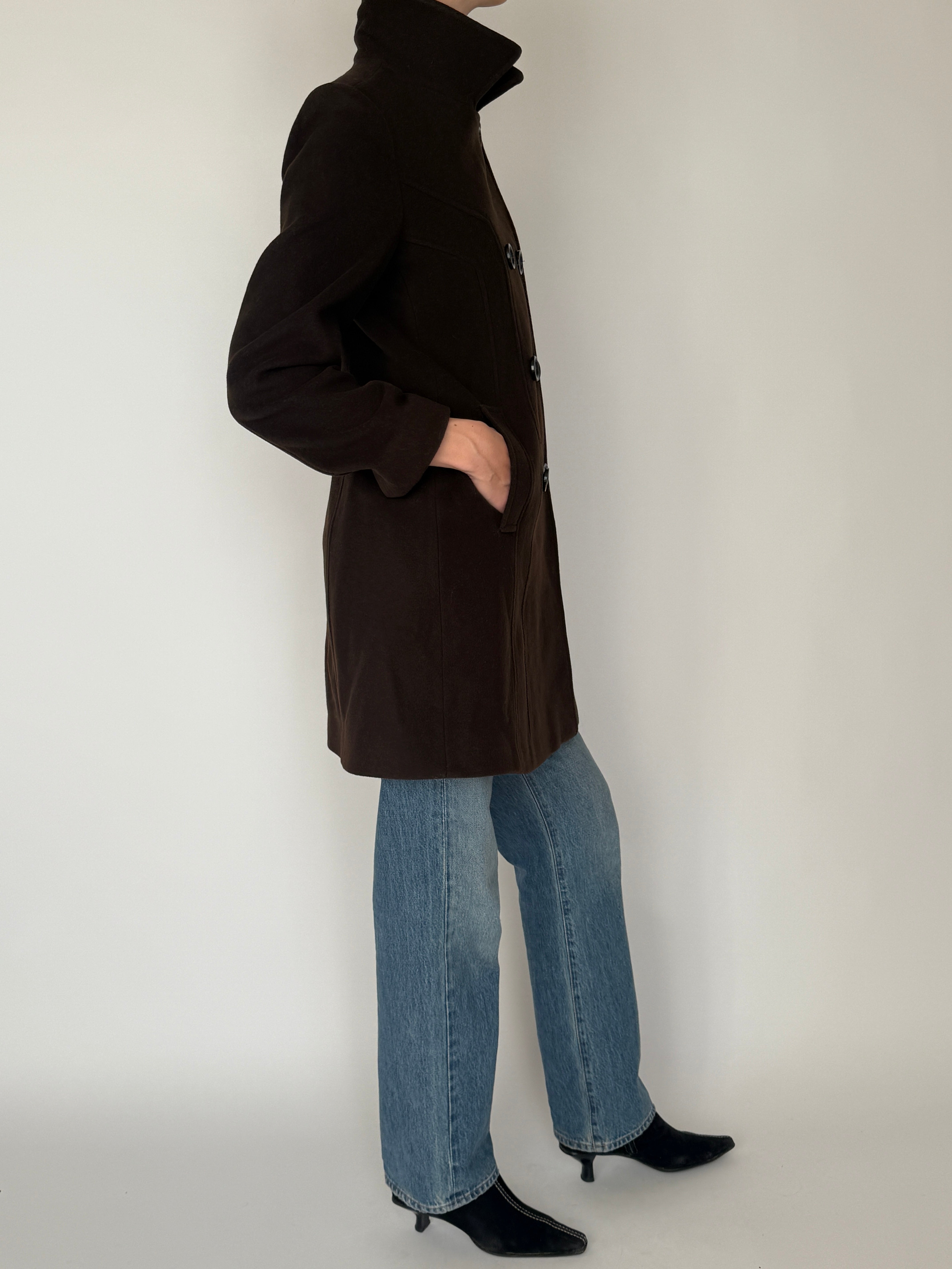Vintage wool coat dark brown pocket detail