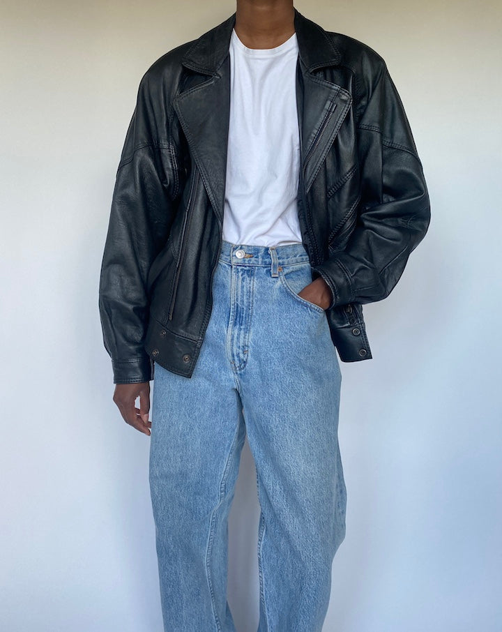 VINTAGE BOXY BLACK LEATHER JACKET 3503