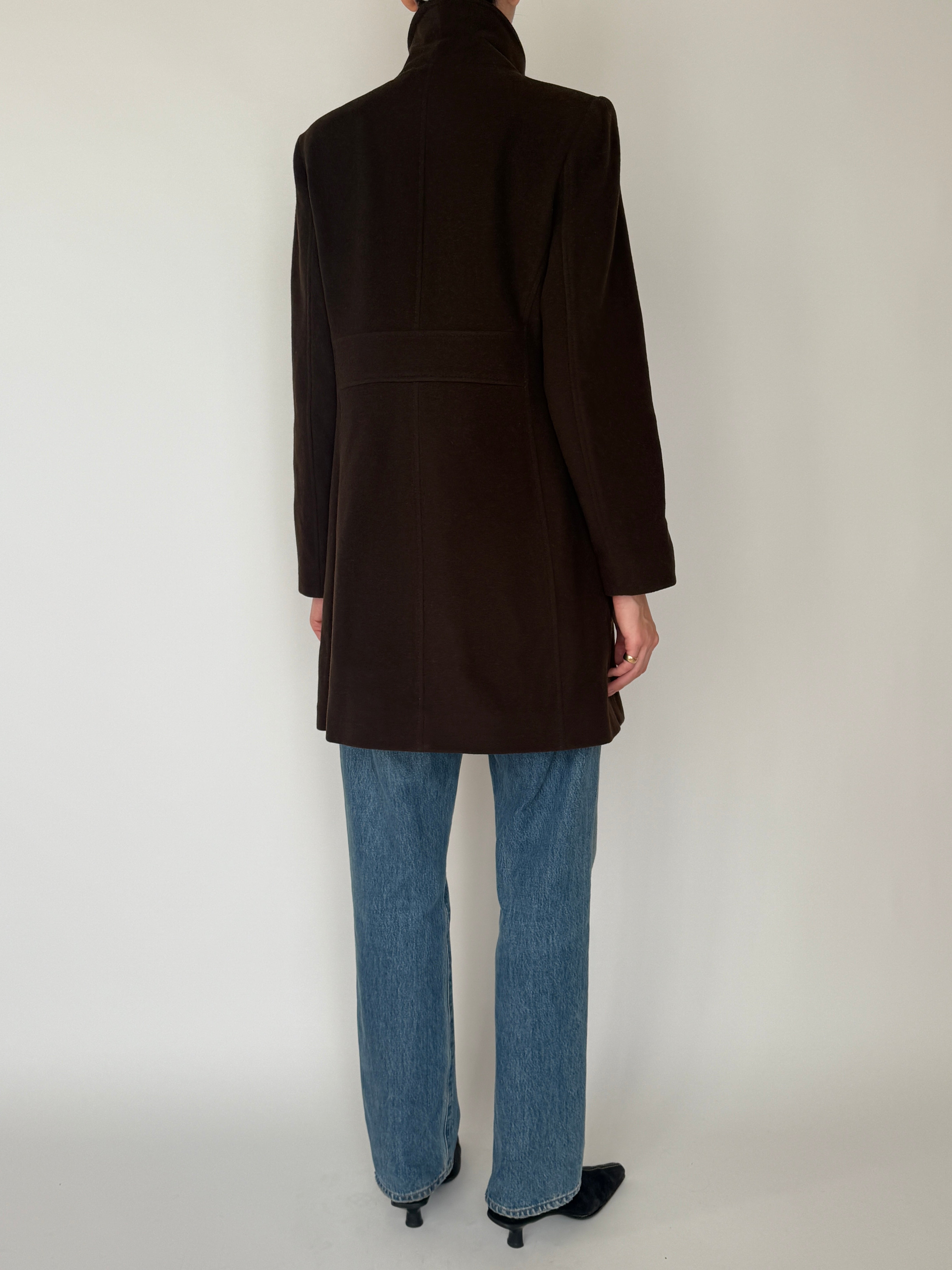 Vintage wool coat dark brown fabric texture back view
