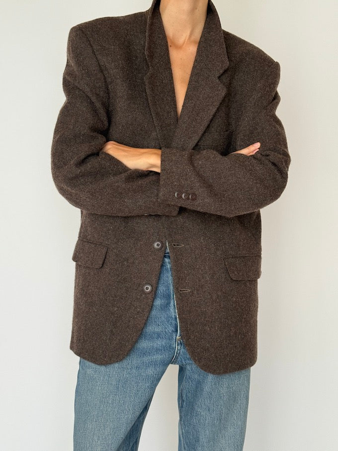 Vintage Structured Wool Blend Blazer Brown 6475