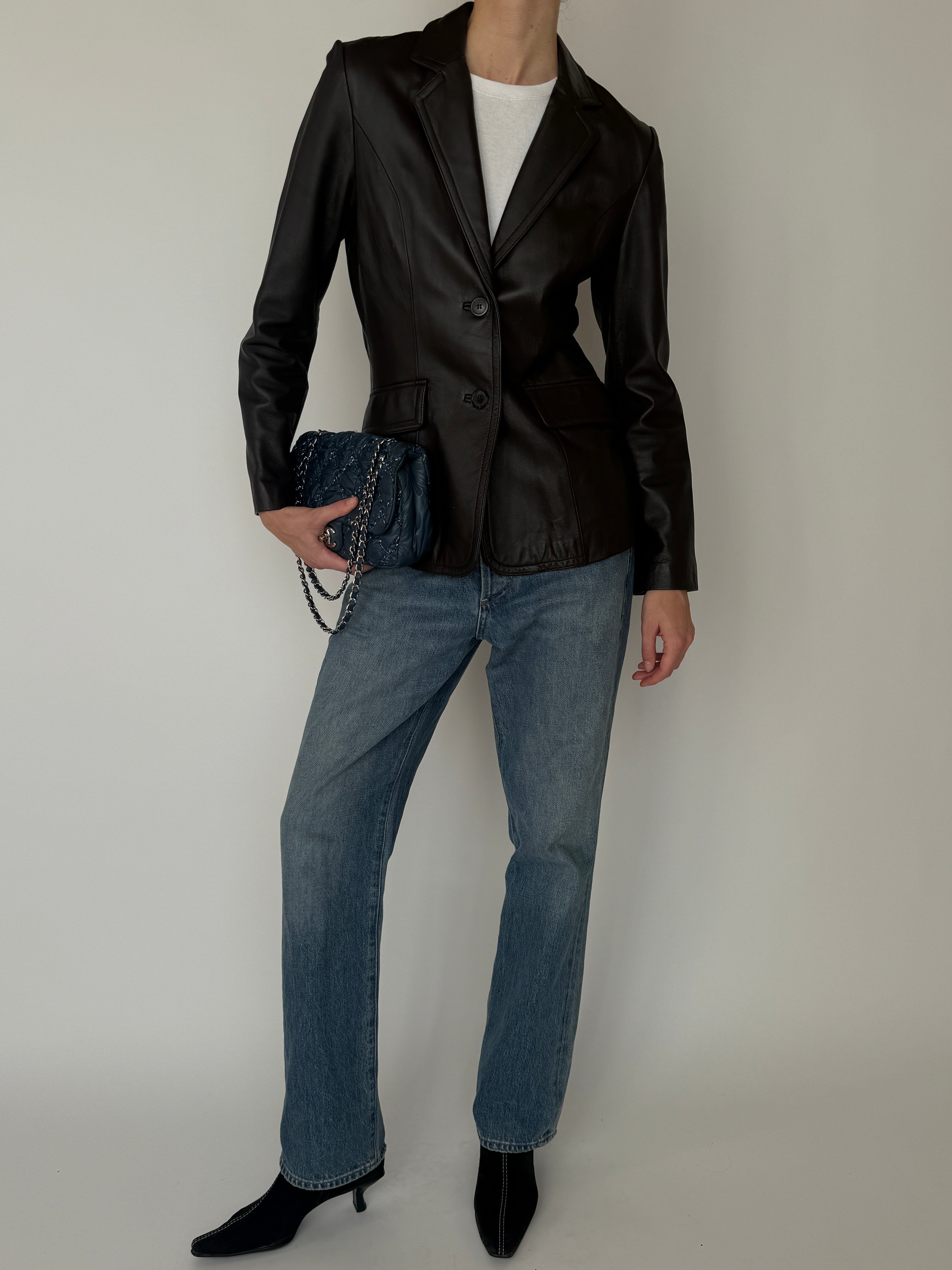 Vintage dark brown leather blazer front view