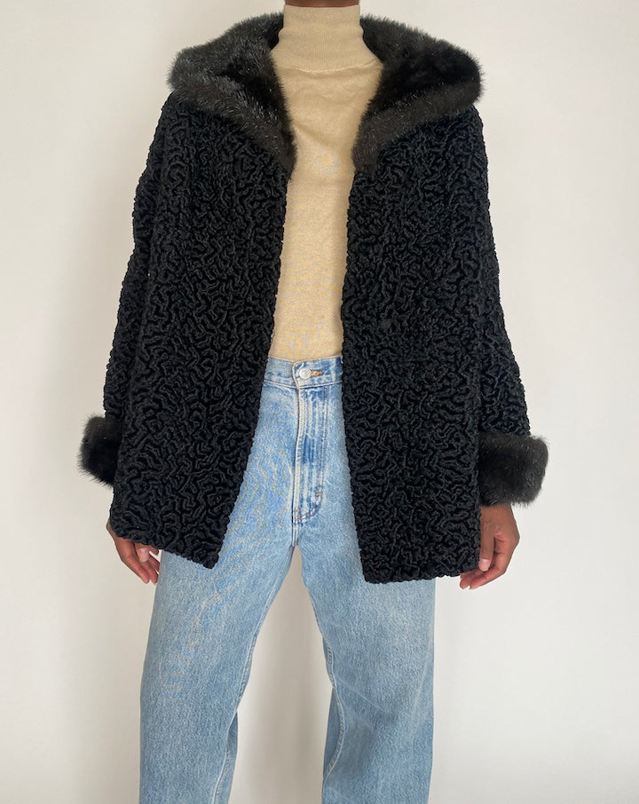VINTAGE BLACK PERSIAN FUR COAT 2156