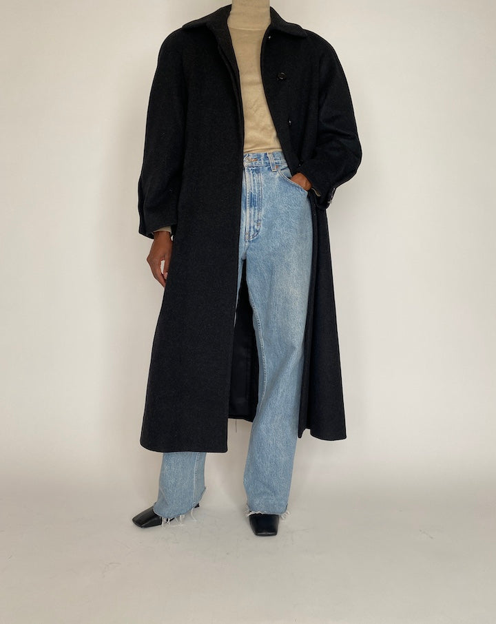 VINTAGE LONG DARK GREY WOOL COAT 4002