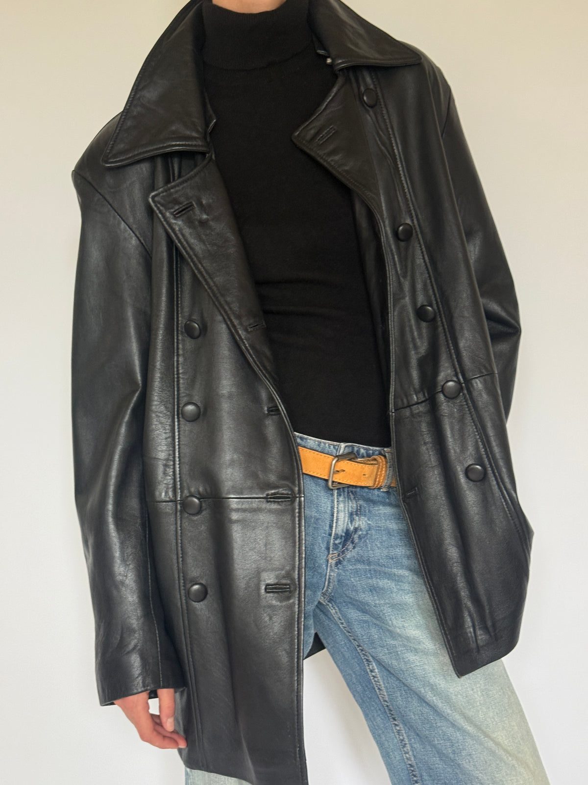 Vintage Double-Breasted Leather Jacket Black 5725
