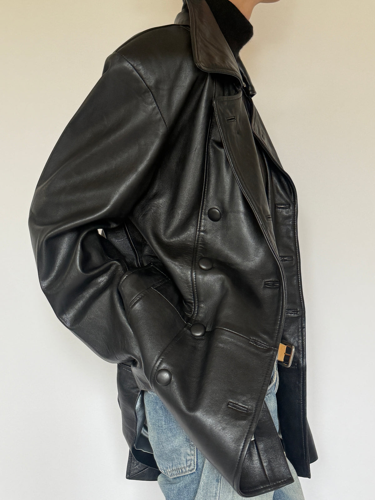 Vintage Double-Breasted Leather Jacket Black 5725