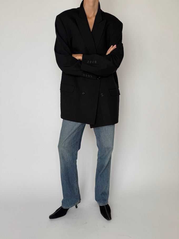 Vintage Double-Breasted Wool Blazer Black 6471