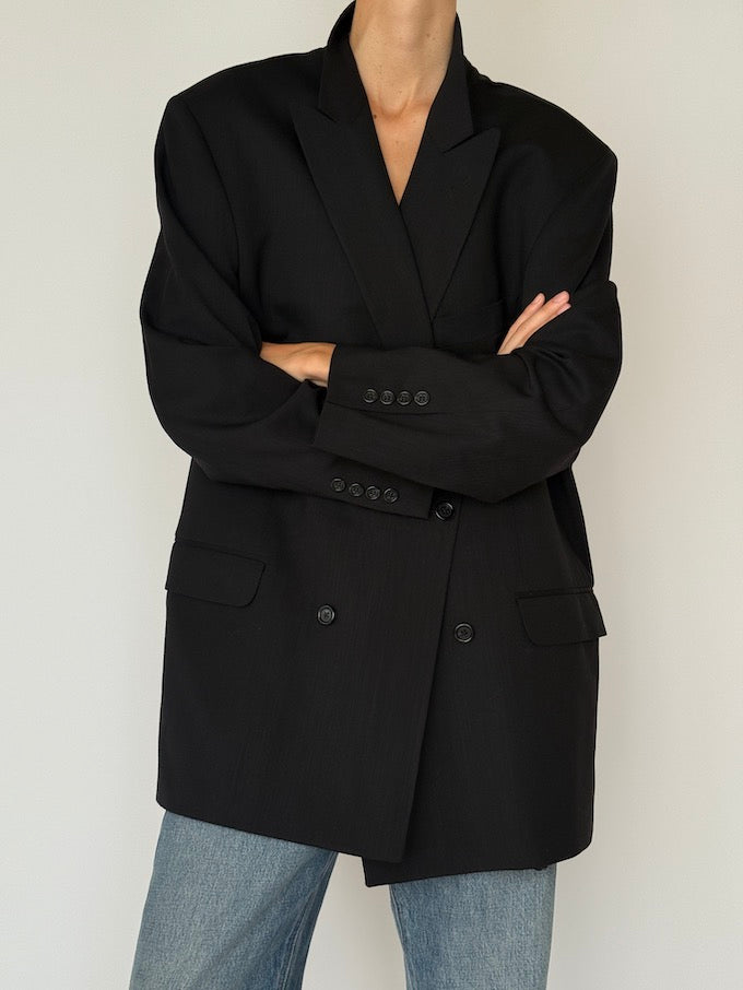 Vintage Double-Breasted Wool Blazer Black 6471