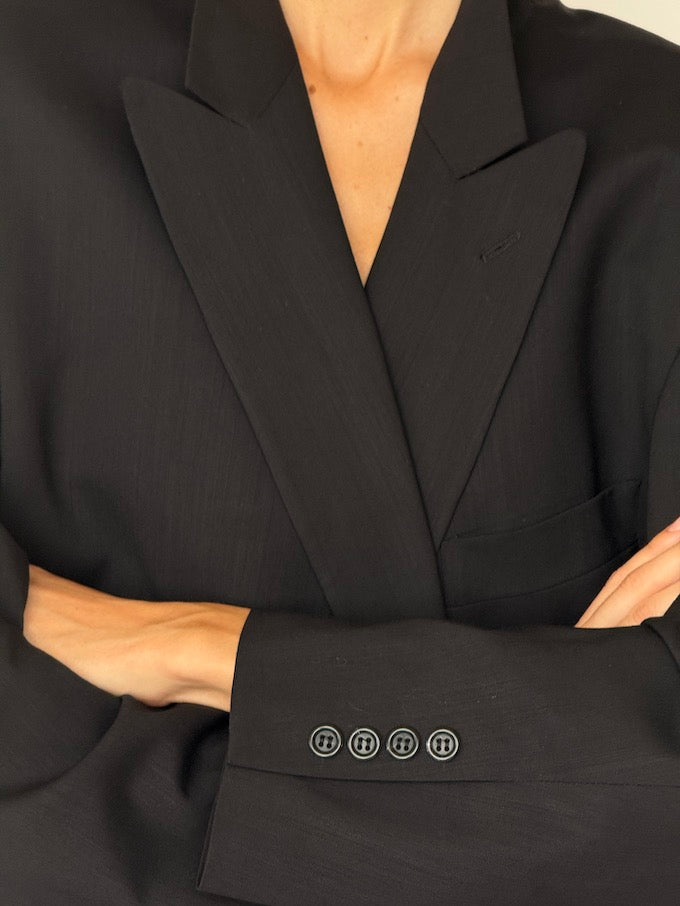 Vintage Double-Breasted Wool Blazer Black 6471