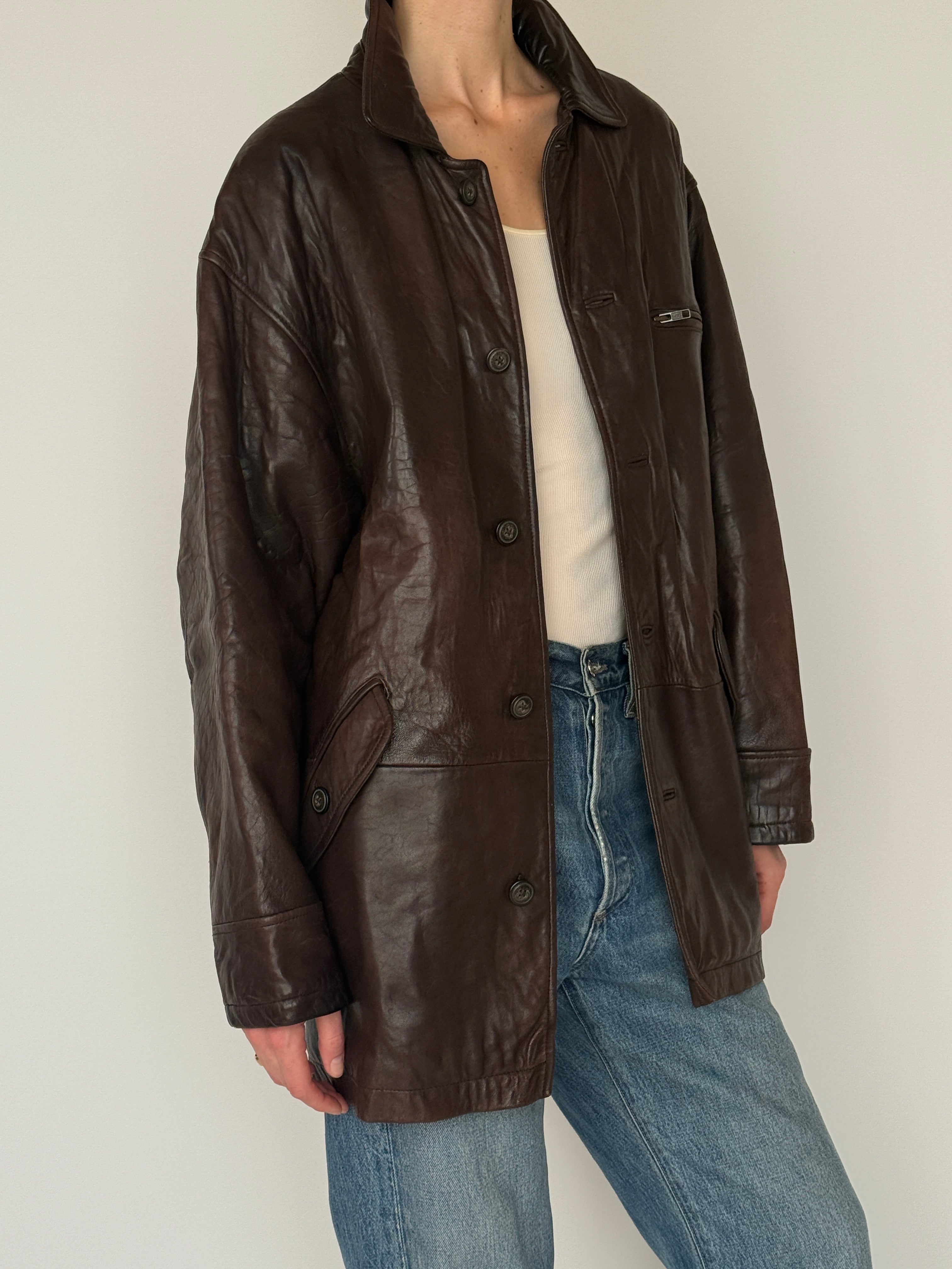 Vintage leather jacket brown button front detail