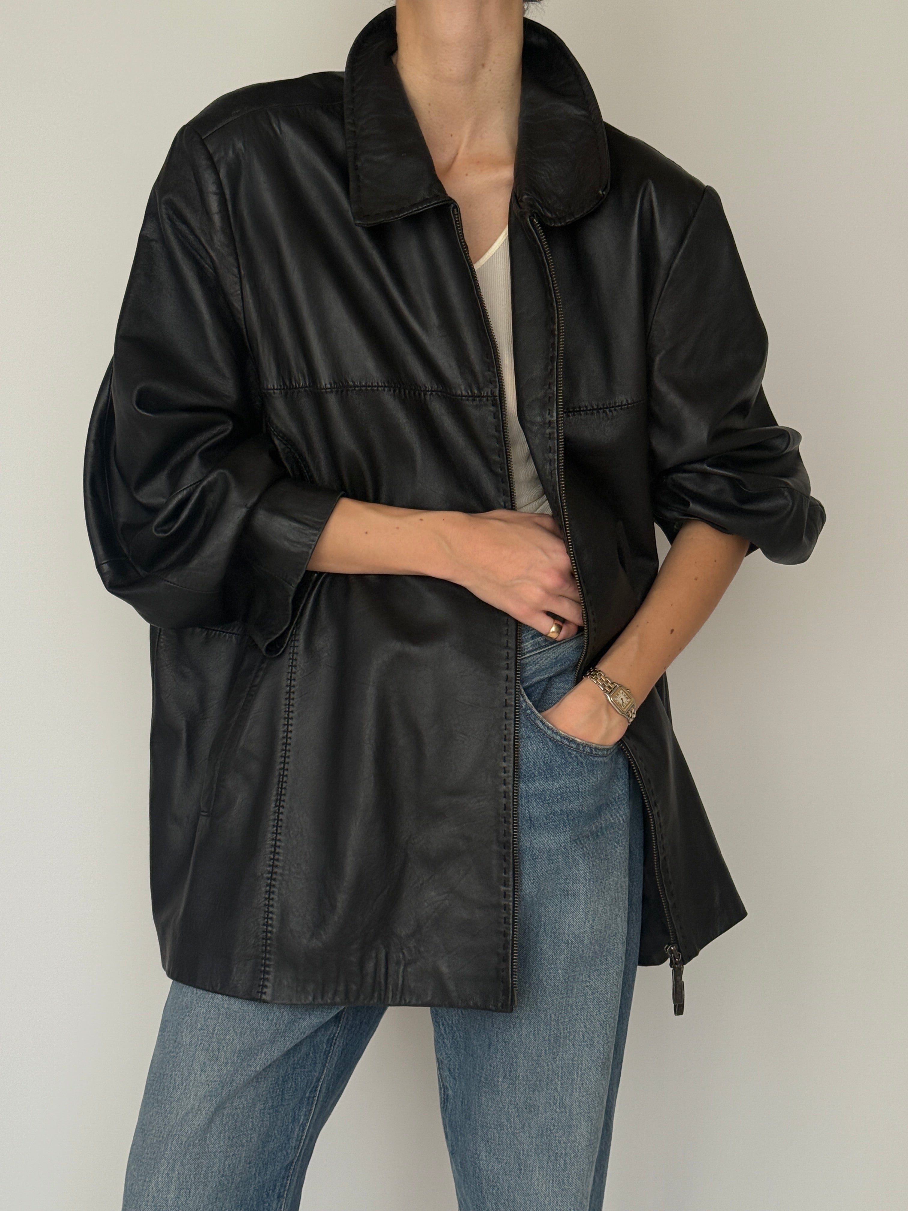 Vintage black oversized leather zip jacket front view