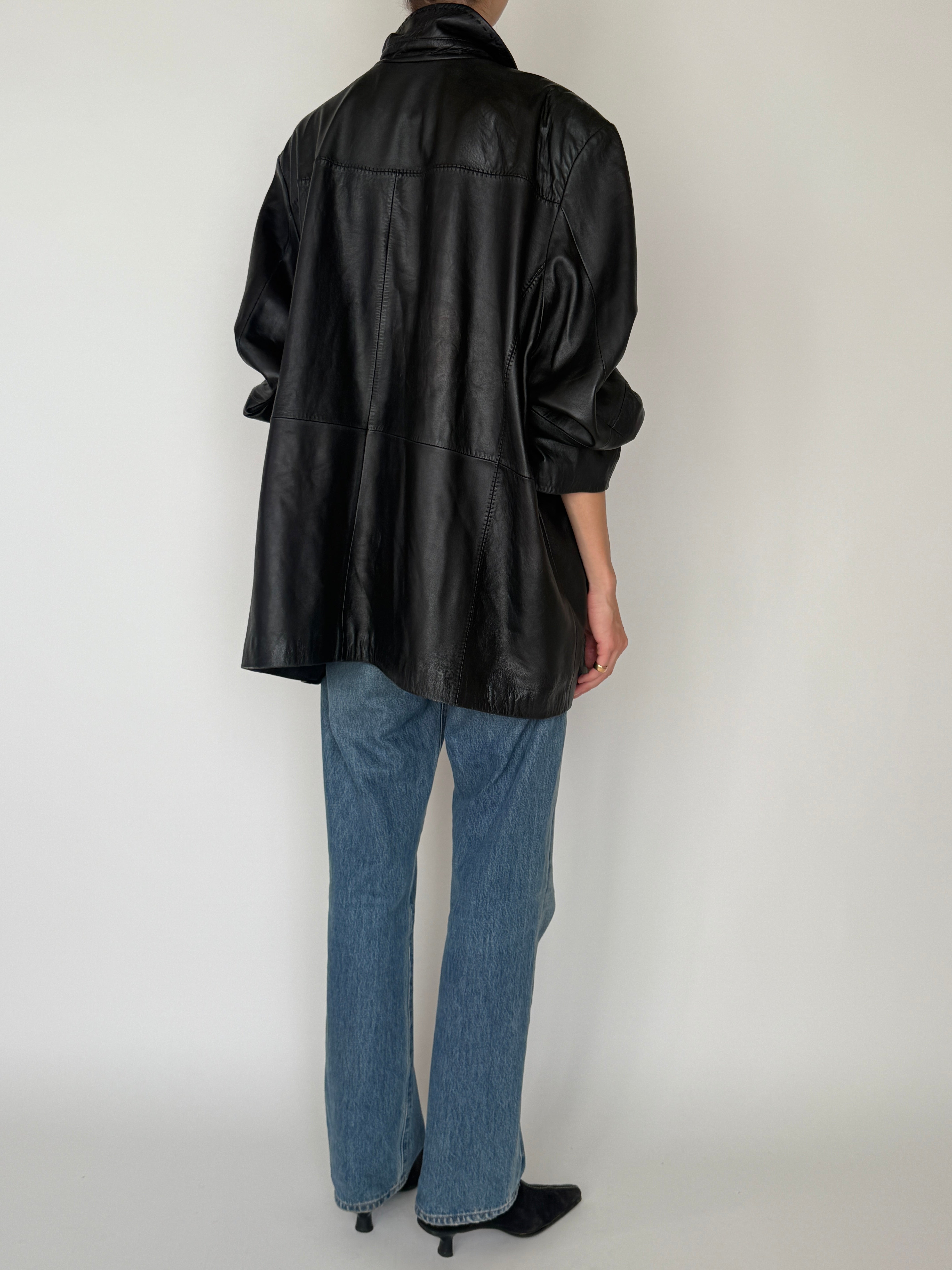 Vintage black oversized leather zip jacket back view