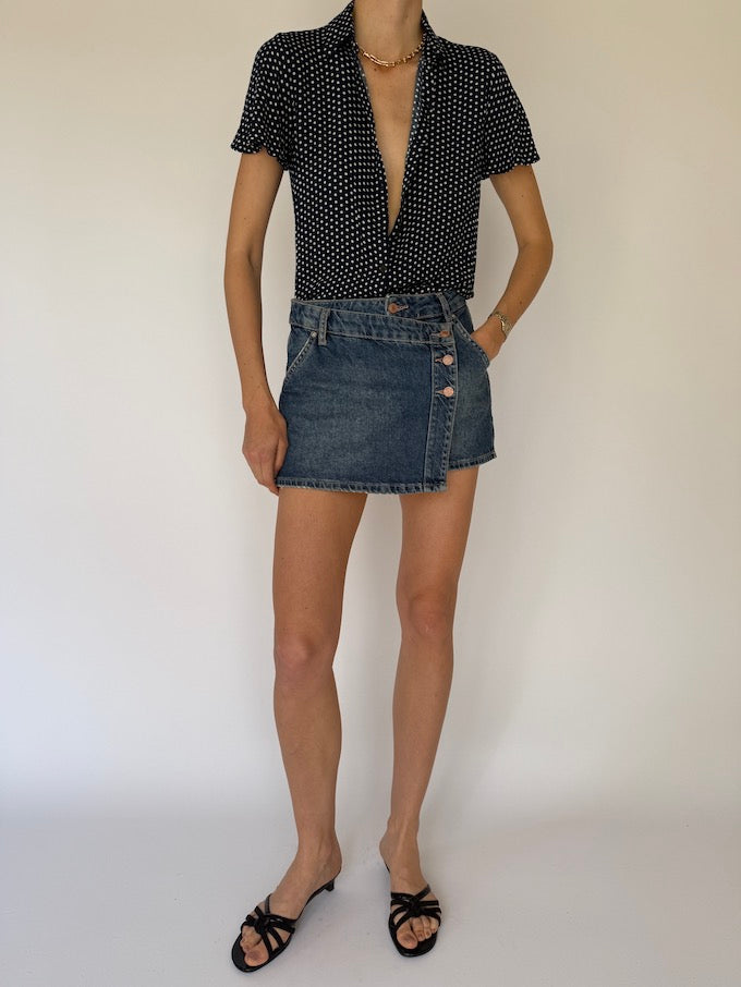 Vintage polka-dot short-sleeve silk top 6071