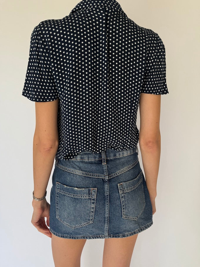 Vintage polka-dot short-sleeve silk top 6071