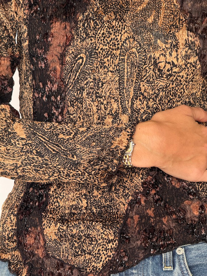 Vintage Paisley Metallic Knit Long-Sleeve Top 6464