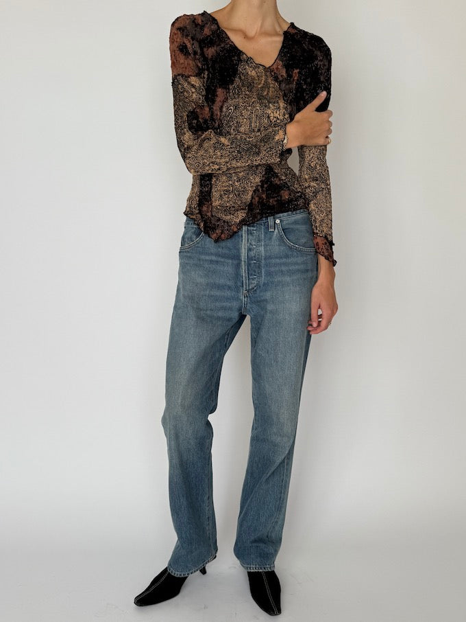 Vintage Paisley Metallic Knit Long-Sleeve Top 6464