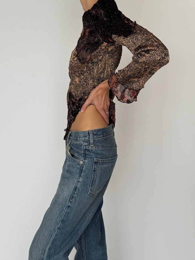 Vintage Paisley Metallic Knit Long-Sleeve Top 6464