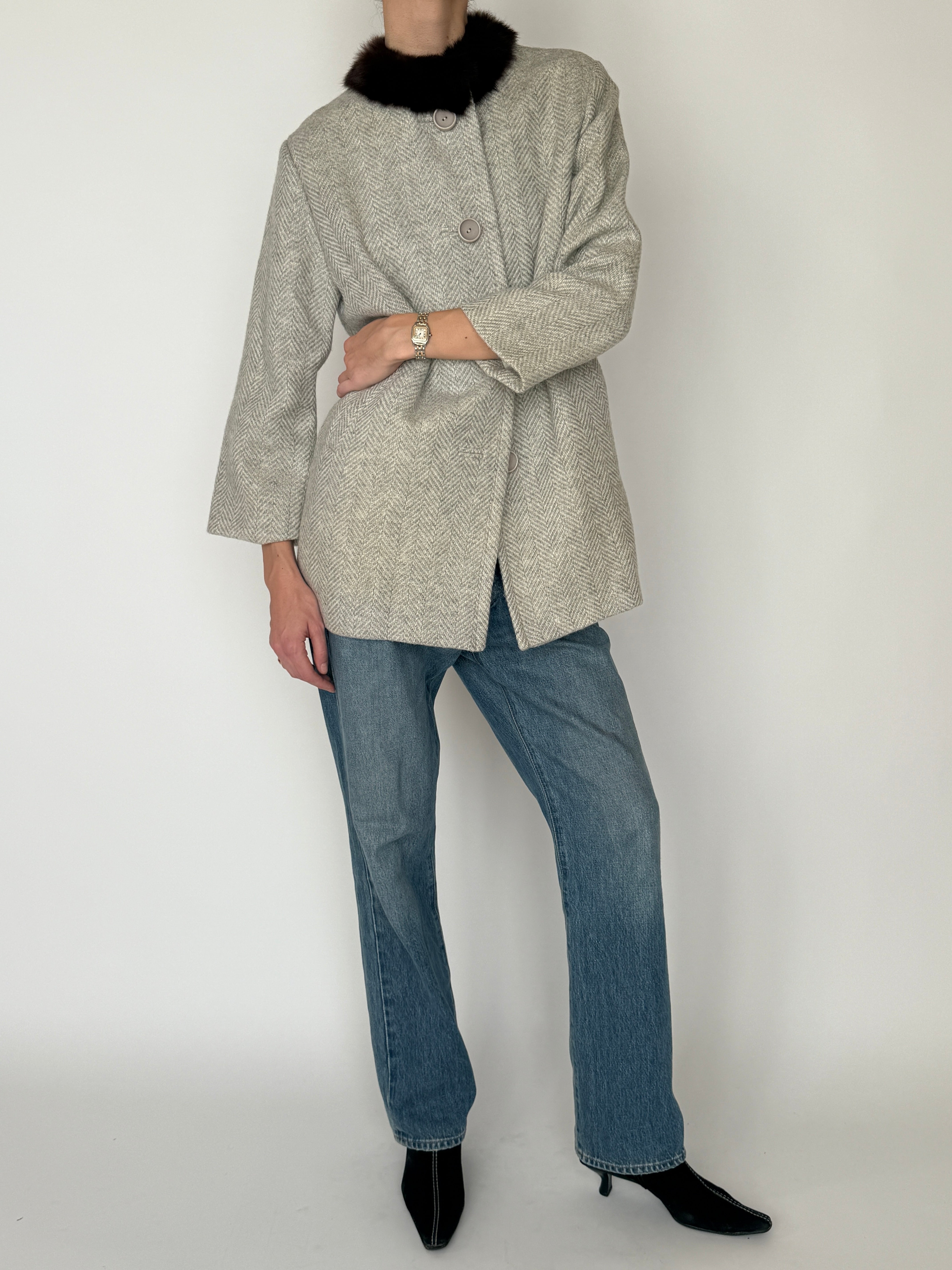 Vintage light gray herringbone coat full length silhouette