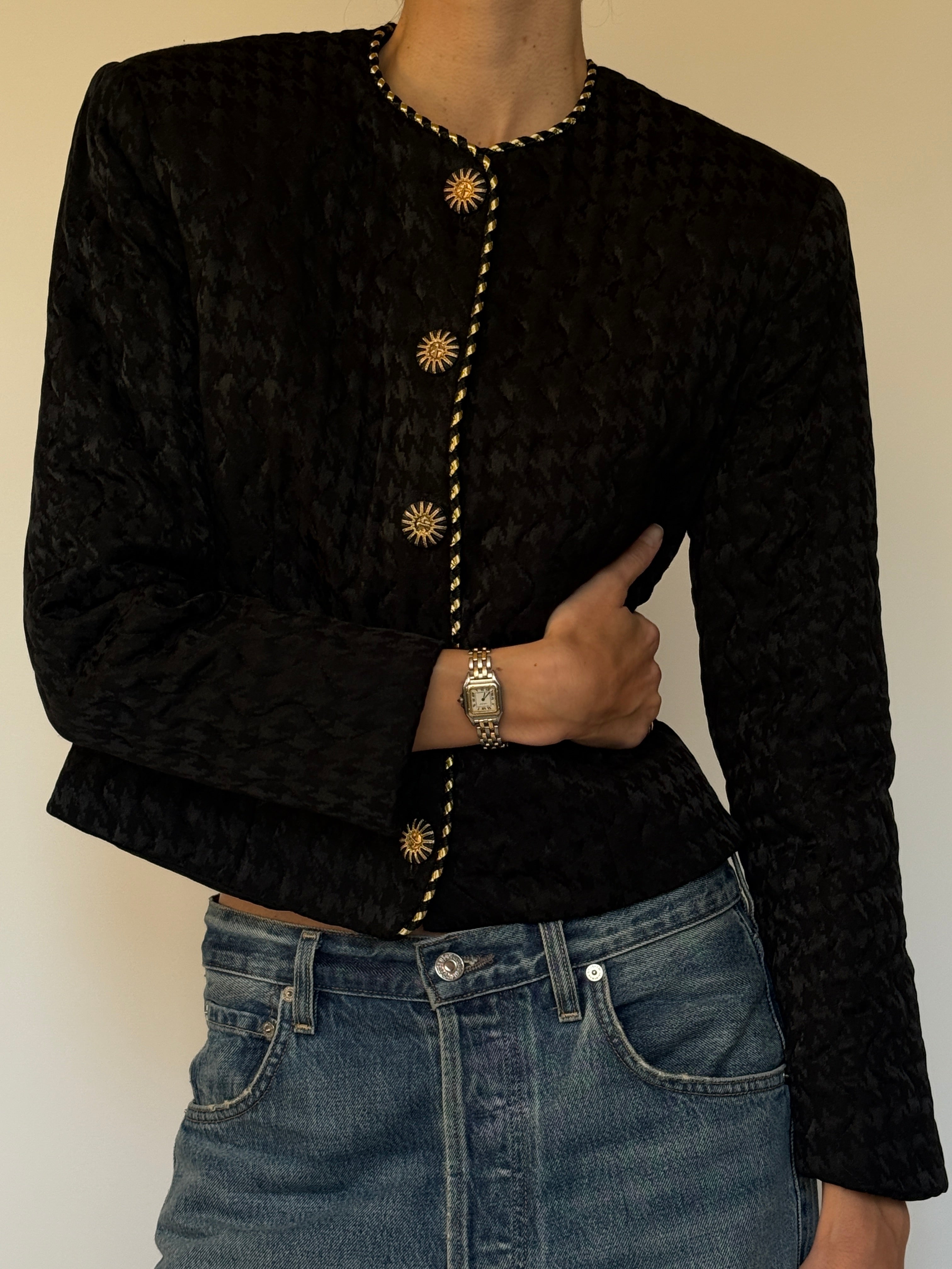 Vintage black quilted silk jacket front view
