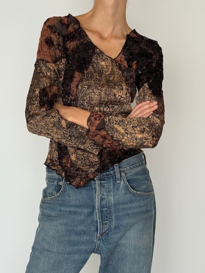 Vintage Paisley Metallic Knit Long-Sleeve Top 6464