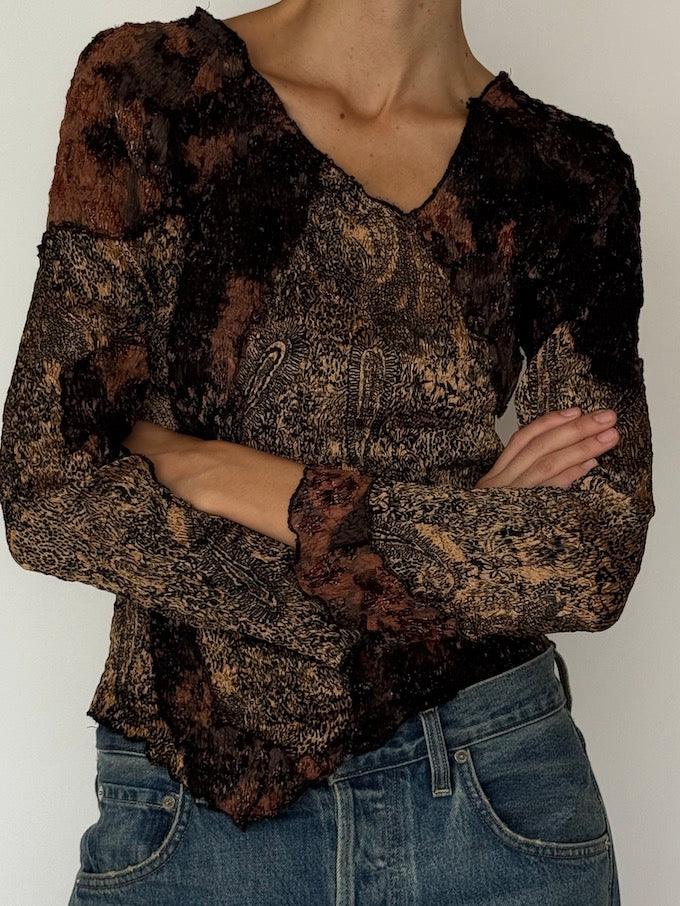 Vintage Paisley Metallic Knit Long-Sleeve Top 6464