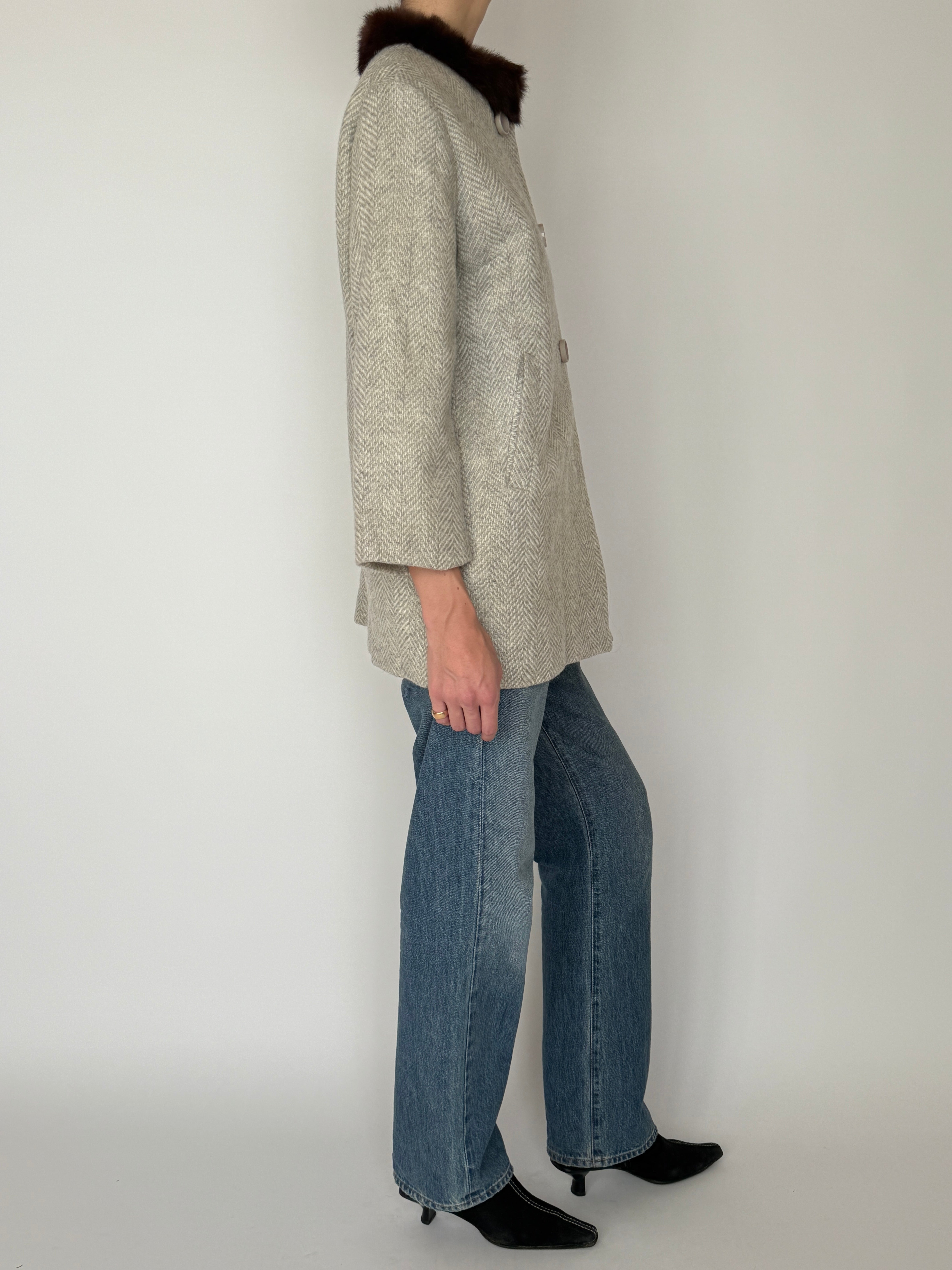 Vintage herringbone wool coat light gray side view
