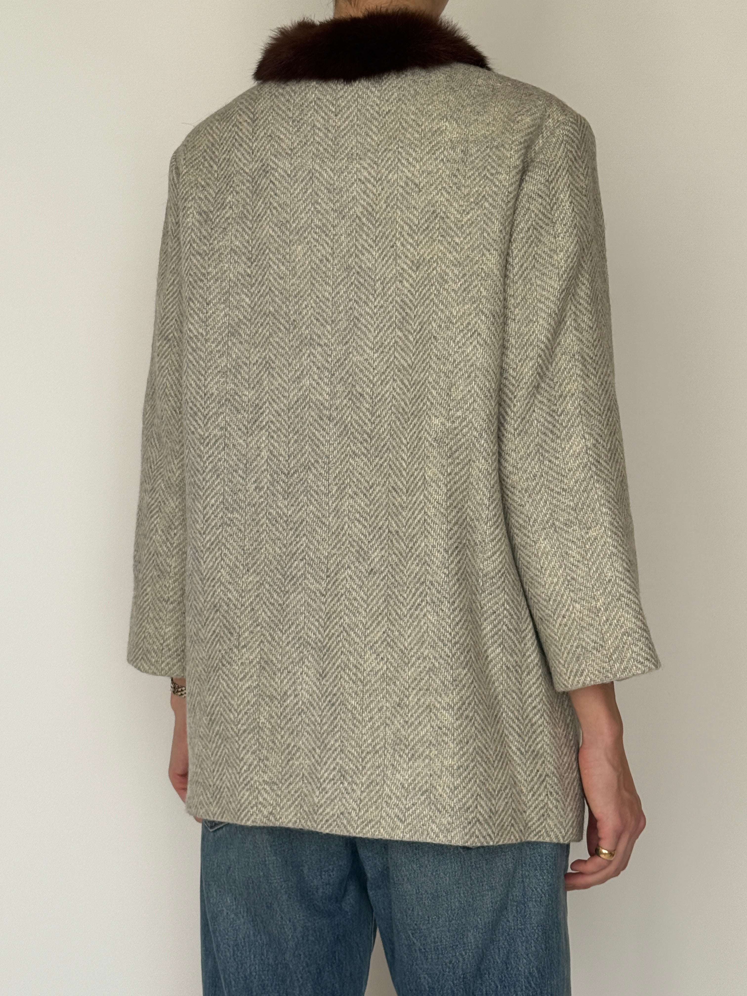 Vintage wool coat with fur collar light gray back view