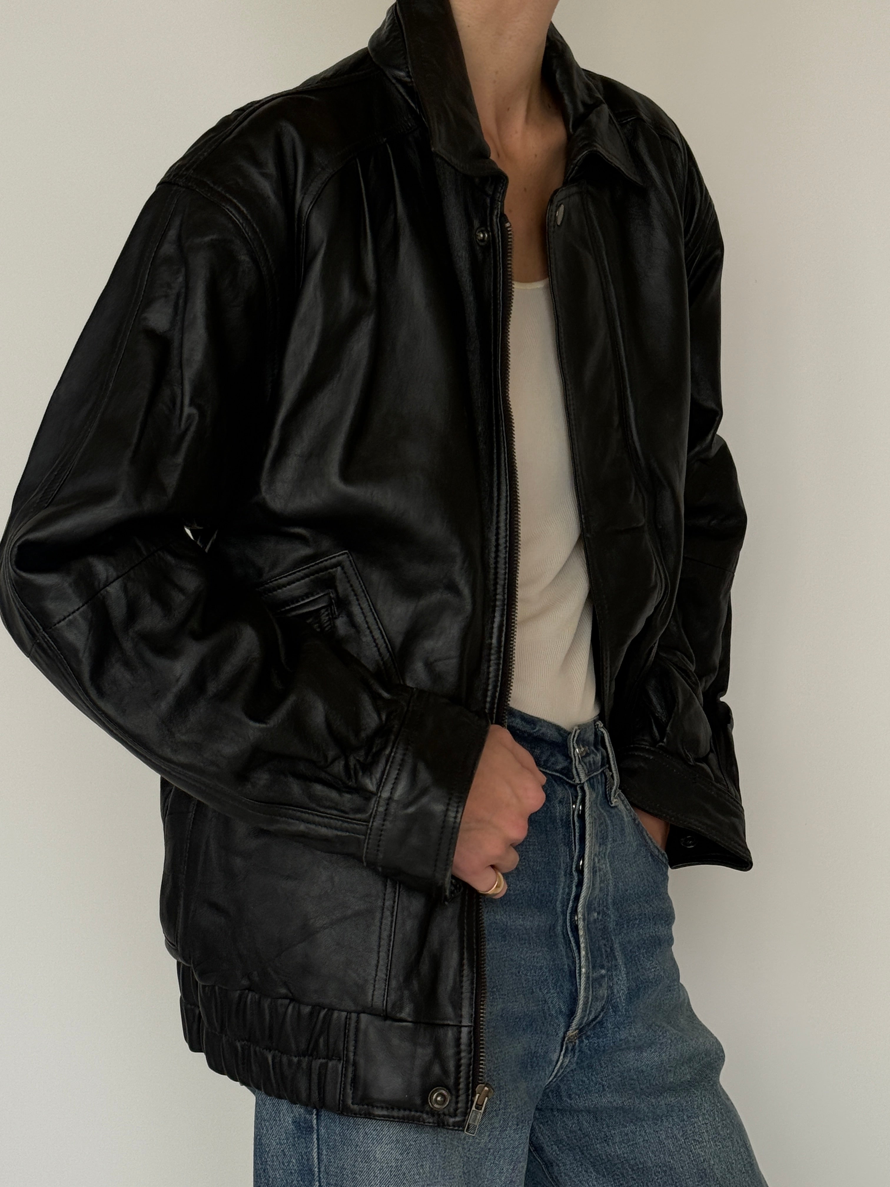 Vintage Leather Bomber Jacket Black 7303