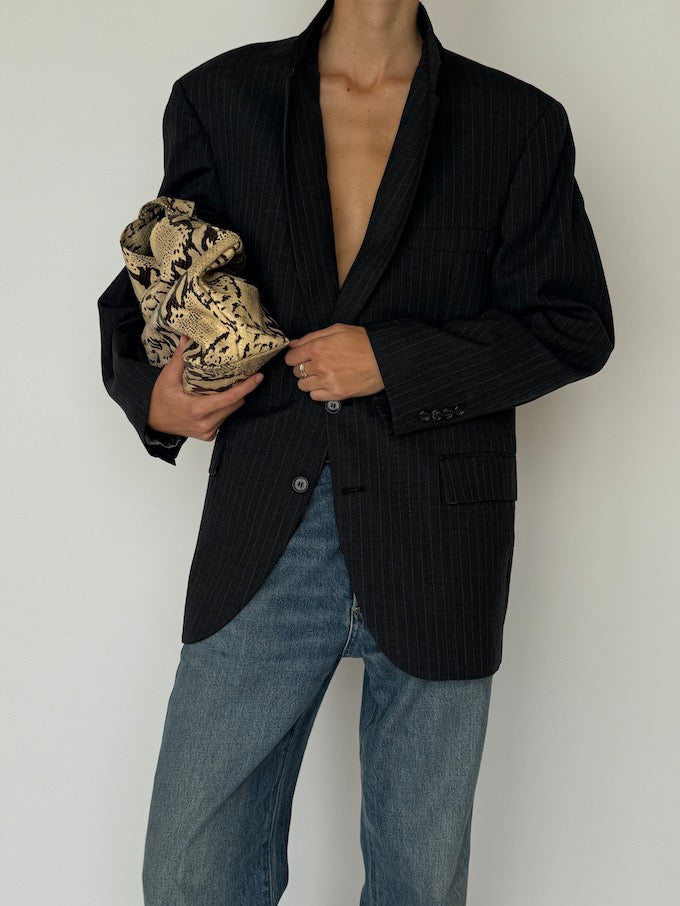 Vintage Pinstripe Wool Blazer Grey 6553