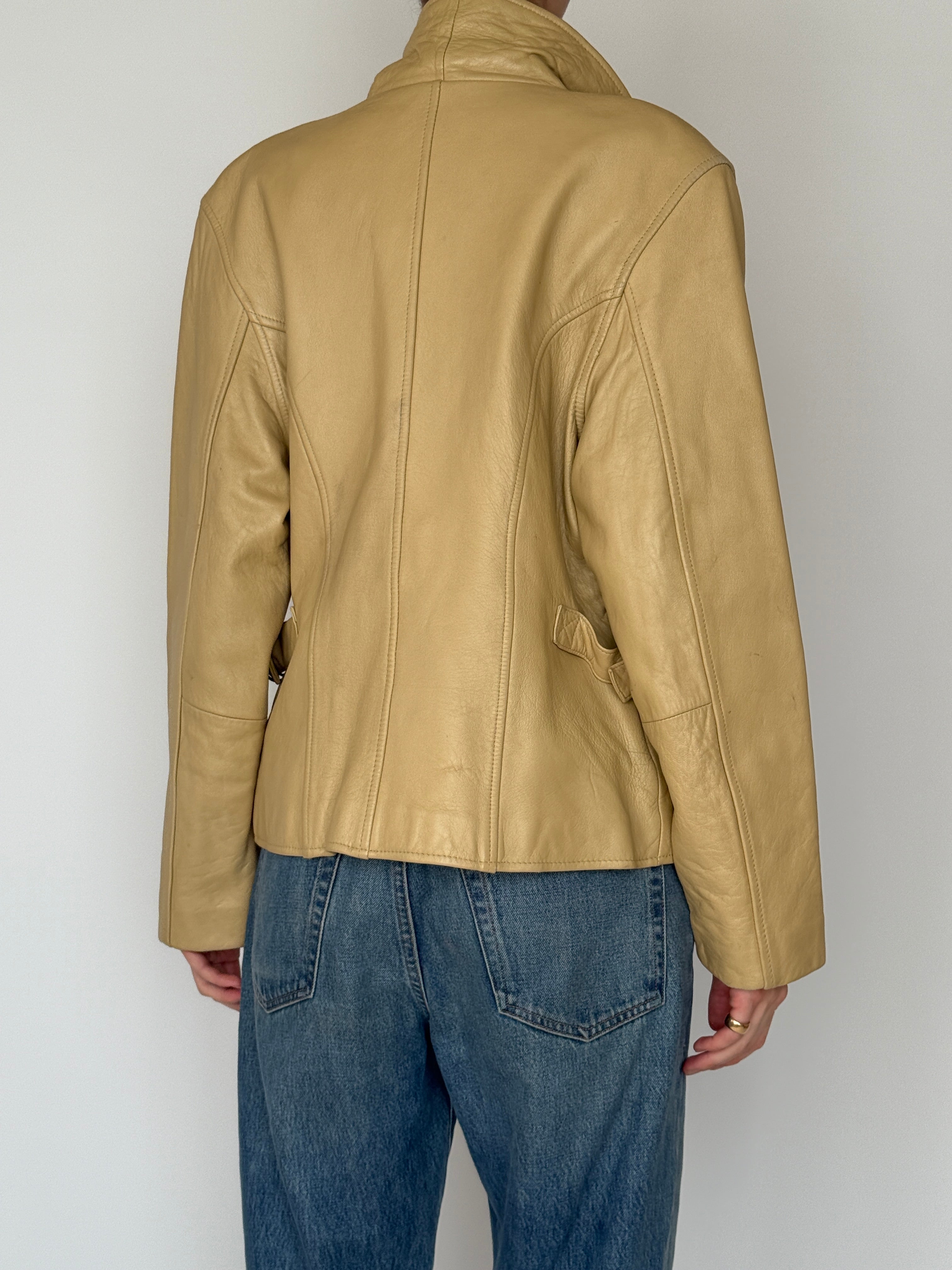 Vintage beige leather zip jacket back view