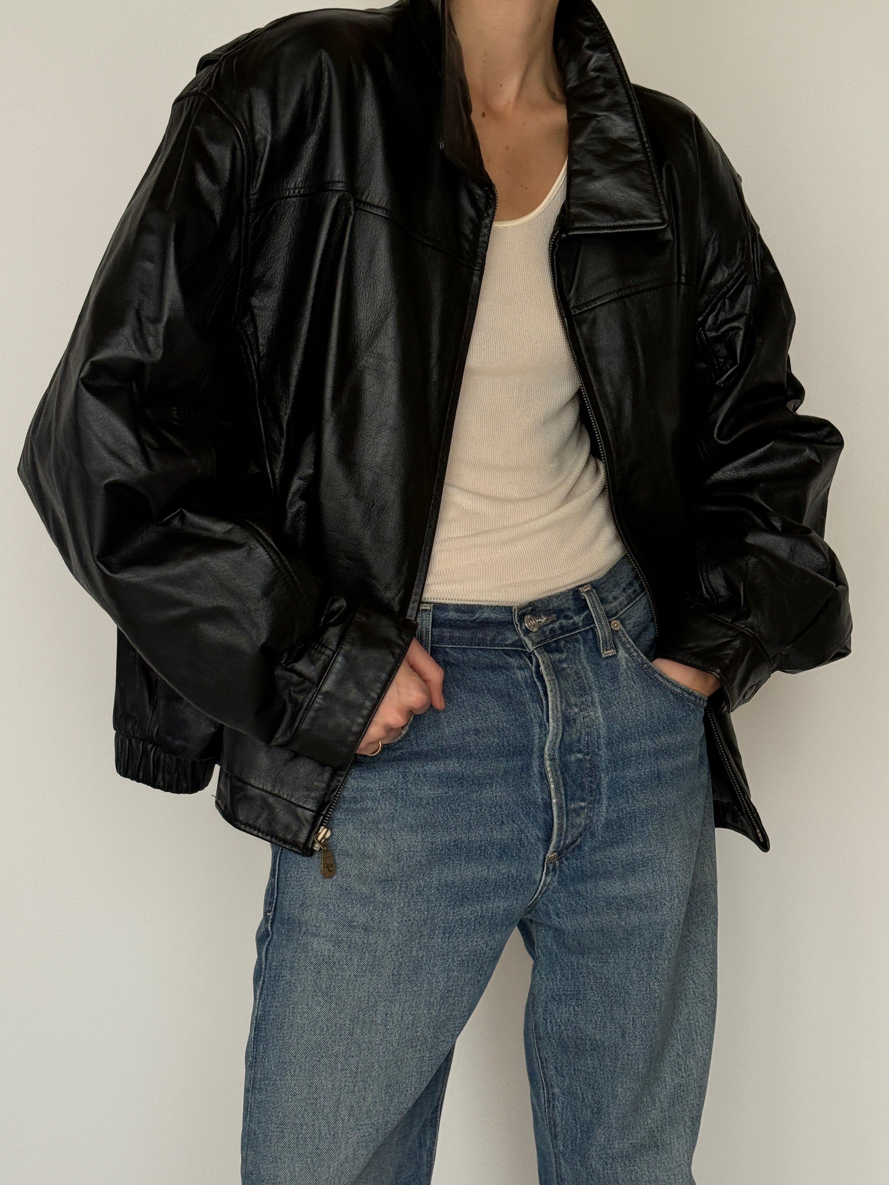 Vintage black leather jacket front view